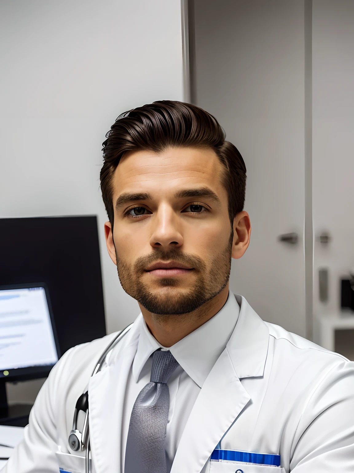 Homem de terno branco e gravata sentado em uma mesa, foto de um homem, sitting at desk, wearing a medical suit, foto corporativa, homem bonito, retrato profissional hd, wearing white doctors suit, sentado em uma mesa, uma foto de um homem, bonito e atraente, foto de perfil profissional, homem atraente, sitting behind desk