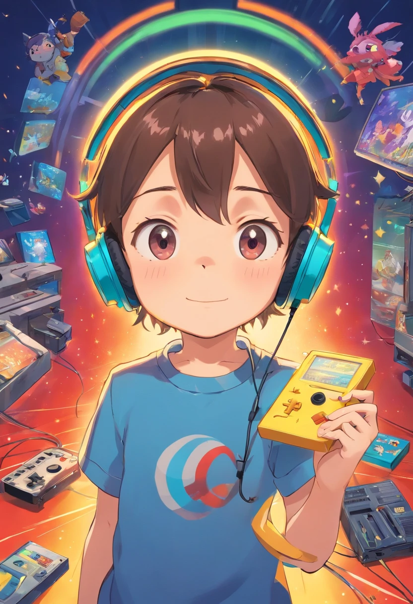 A small child is playing a game with headphones,Game console in hand,Keep your eyes on the console,floating in air,The background is a bright patch of color,Manhwa Style