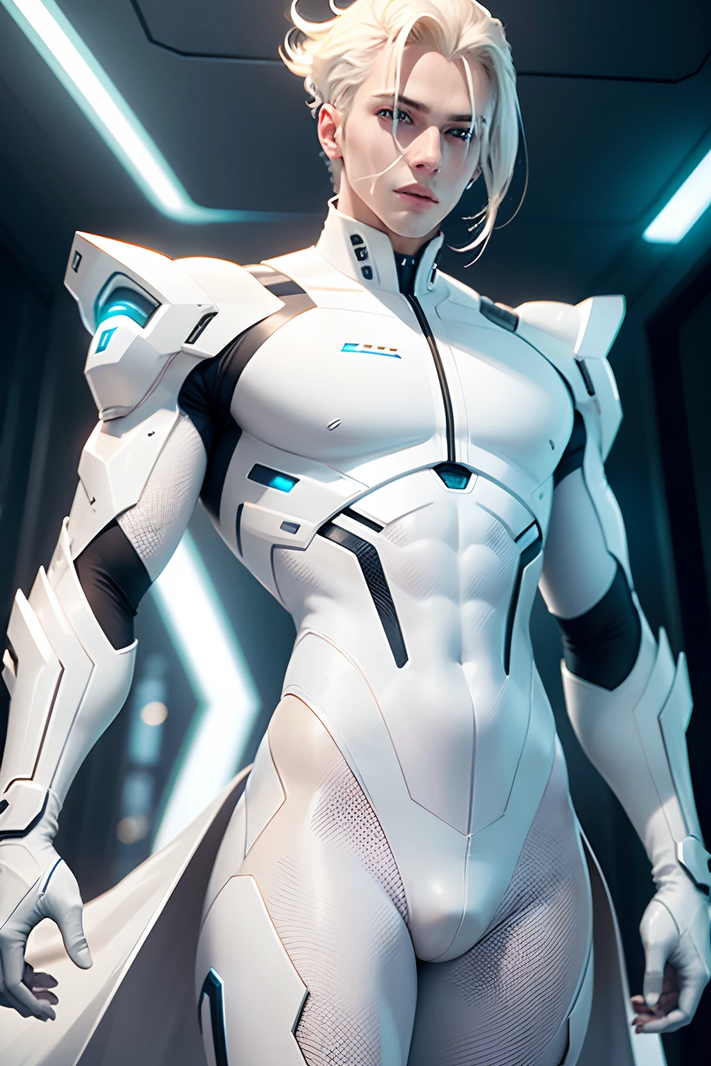 (futuristic, sci fi)Male in all white body suit, blonde hair, white gaunlets, full skin tight body suit, hands visible, hair visible, pale skin, beautiful face, masterpiece, white futuristic mouth mask, toned body,