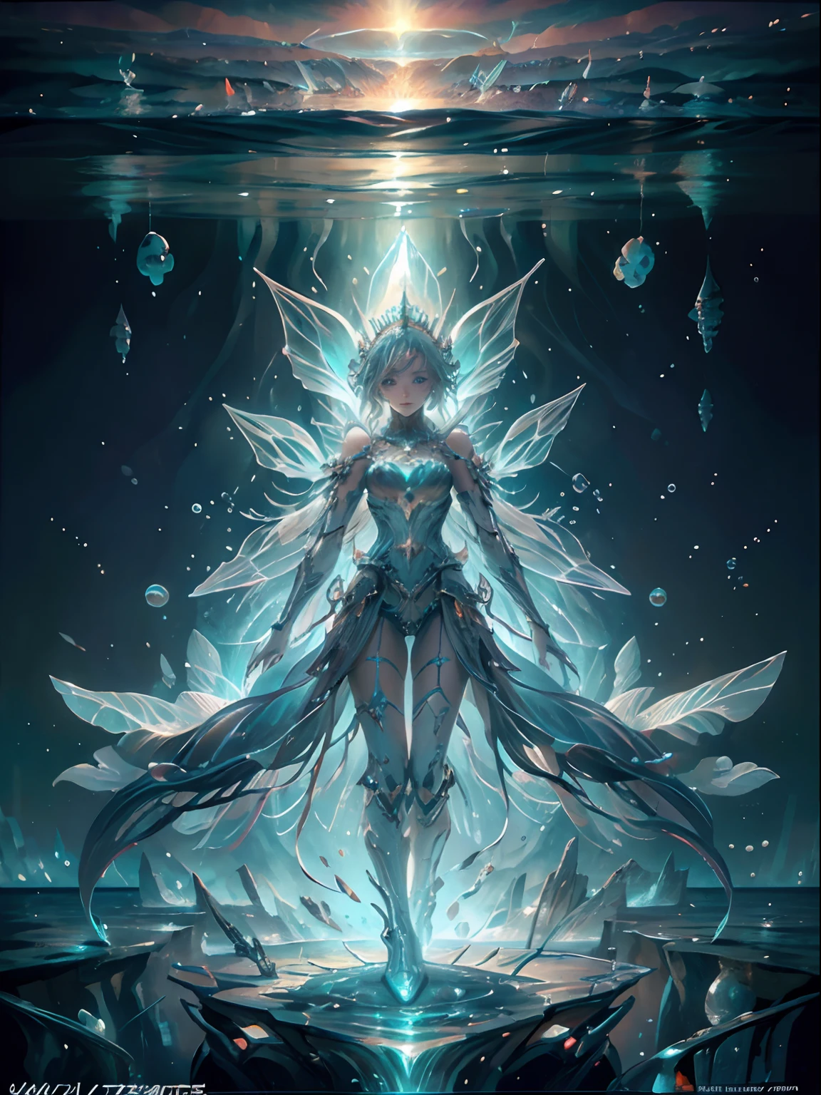 ((Need)), ((tmasterpiece)), (Detailed)),Futuristic translucent ethereal queen of the sea，Futuristic city and futuristic wonderland against the backdrop of the deep sea，mechanical joints，Colorful Rainbow，16k,UHD resolution，simple composition，Anatomy is correct，Surreal Dreams，Surreal fantasy art，Epic Digital Fantasy Art Style，The germ of art, Broken glass, ((bubbly underwater scenery)) The radiant octane rating is very detailed