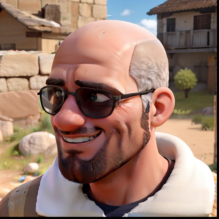 Obra-prima, de melhor qualidade, um homem bonito, careca com barba e sorriso confiante
