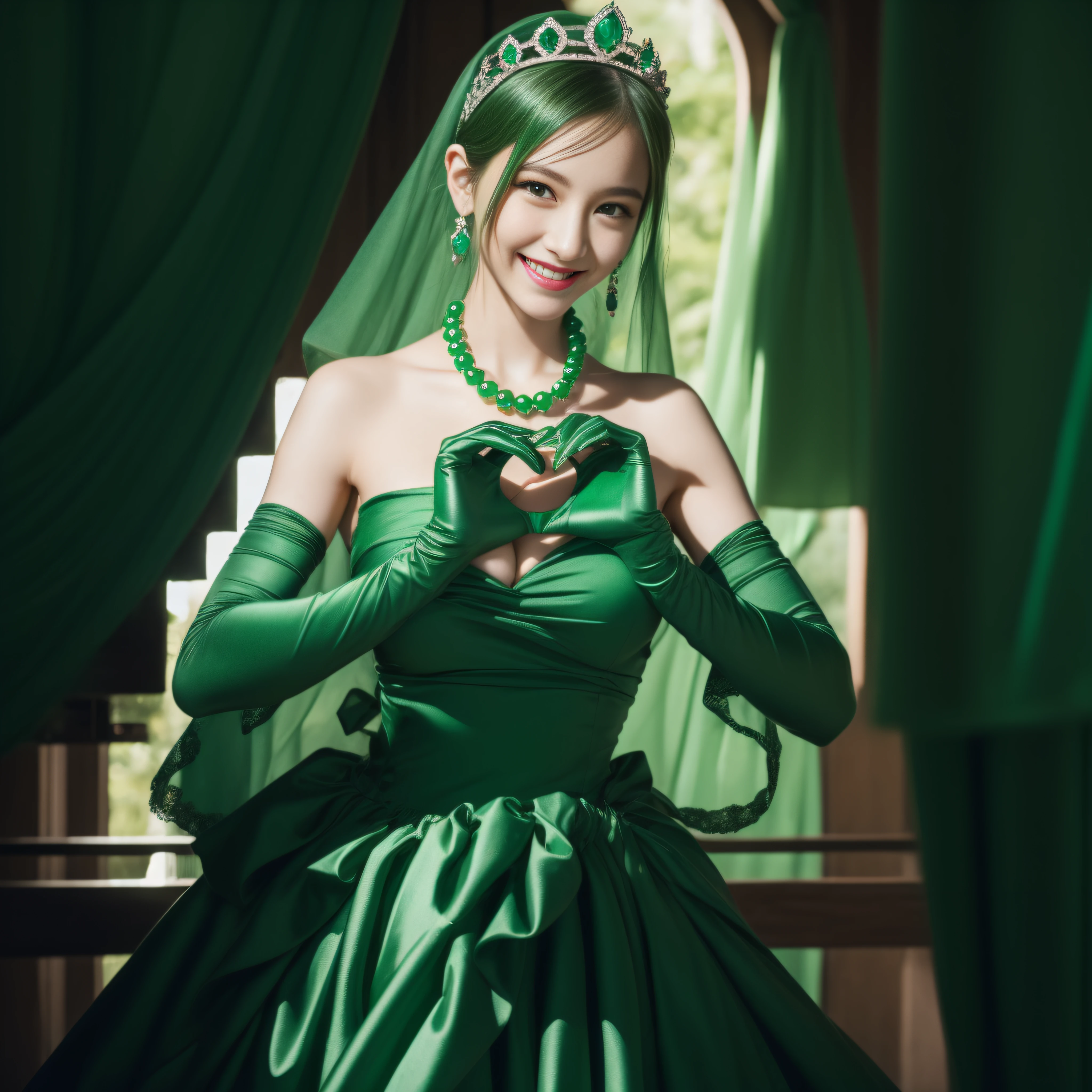 emerald tiara, Green Pearl Necklace, Boyish very short black hair, lipsticks, Japan woman smiling, very short short hair,  big breasts beautiful, Green eyes, Long green gloves made of satin material, Green eyes, Emerald Earrings, green vale, Heart with both hands