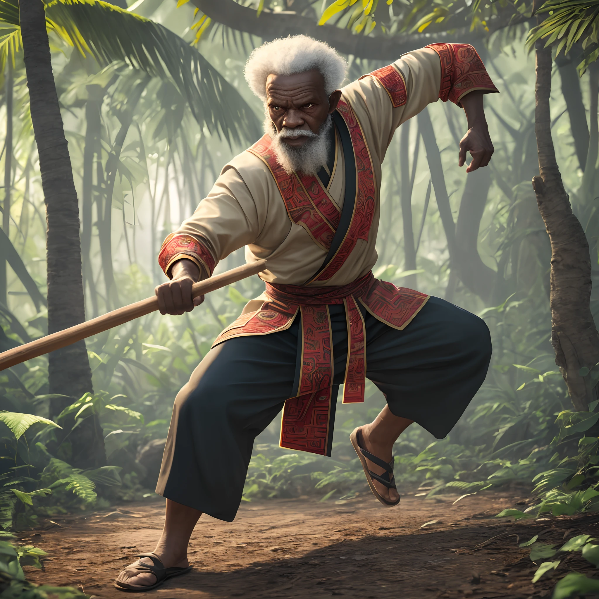 Wide angle shot of an African elderly man in kung-fu fighting pose, tough serious face with a long black beard, master of kung-fu dressed in African designed kung-fu clothes, holding a stick in a jungle, leaves in circular rotation around him, sunrise in the scene shining, with beautiful iridescent light, artgerm style, 32k, ultra HD, unreal engine rendered, hyper-realistic image, octane 3d rendering, --auto --s2
