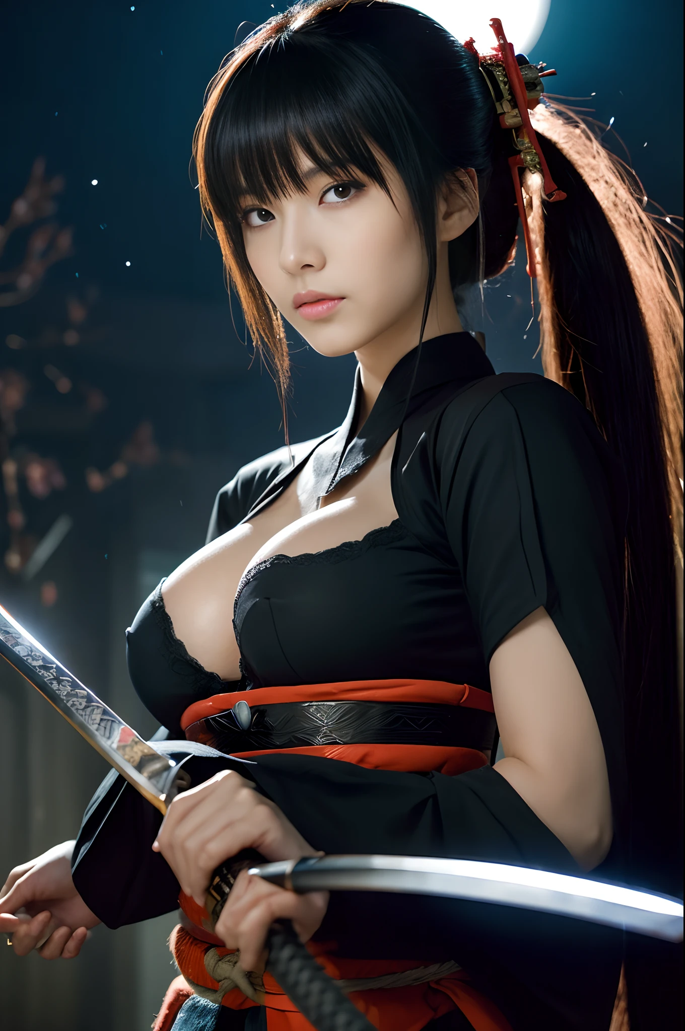 8K,Close-up portrait of a person holding a sword in front of a full moon、A very beautiful cyberpunk samurai、having katana、having katana、Inspired by Yoshigai Kano、woman samurai、Knives、large sword、demon samurai、from arknights、Ghost Beast Waiter、She with a sword、kunoichi、Dramatic Katana Wielding Pose、(hyper gigantic breasts:1.4)