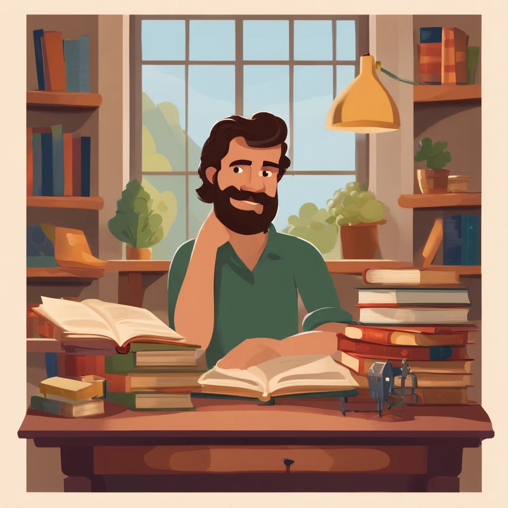 A collector of ideas inspired by Pixar animation, de perto. It is surrounded by a collection of books and things related to knowledge, each containing a unique idea. The focus is on the character, who is a young man with dark hair and beard and a captivating smile and stands with his arms crossed with an artist's pose, cores efervescentes.