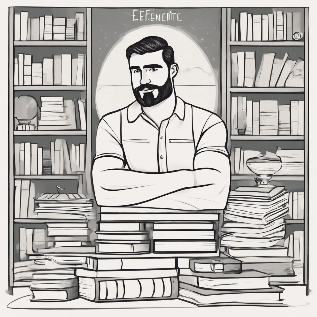 A collector of ideas inspired by Pixar animation, de perto. It is surrounded by a collection of books and things related to knowledge, each containing a unique idea. The focus is on the character, who is a young man with dark hair and beard and a captivating smile and stands with his arms crossed with an artist's pose, cores efervescentes.