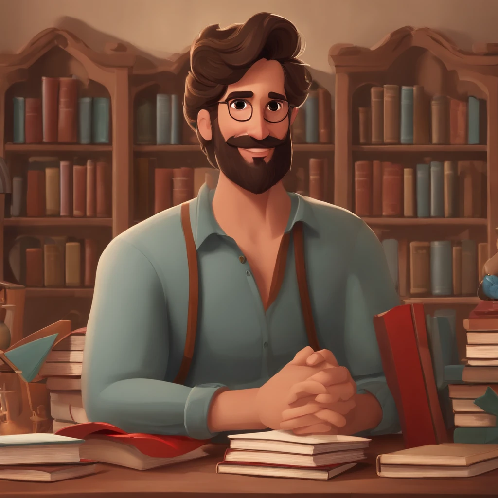 A collector of ideas inspired by Pixar animation, de perto. It is surrounded by a collection of books and things related to knowledge, each containing a unique idea. The focus is on the character, who is a young man with dark hair and beard and a captivating smile and stands with his arms crossed with an artist's pose, cores efervescentes.