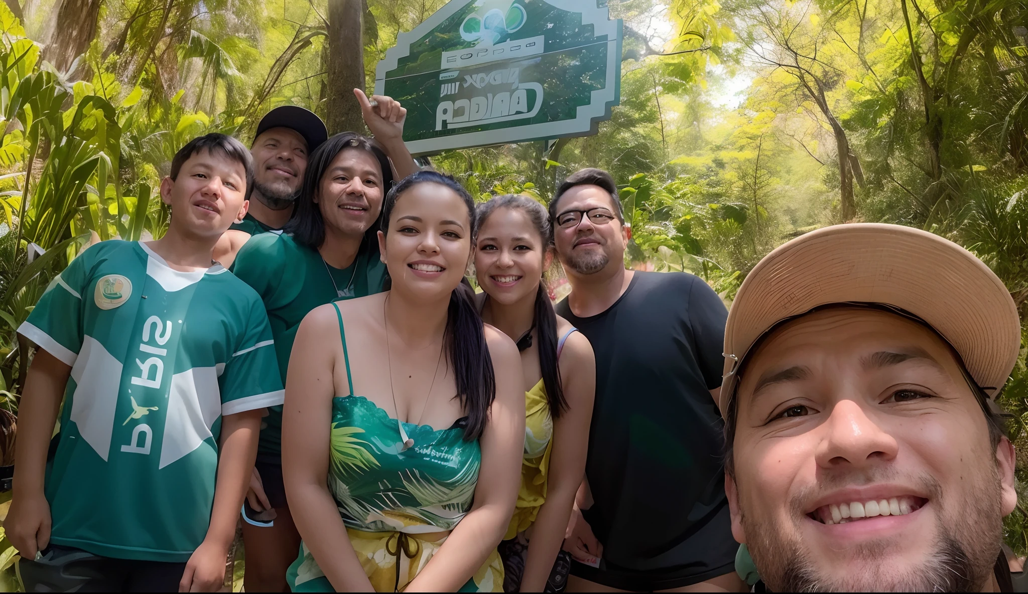 There's a lot of people together in front of a sign, na floresta da selva !!!, com muitos viajantes, conectado com ponte suspensa!!, facebook post, em frente a um fundo de floresta, vacation photo, Torne-se profissional, Tiro em GoPro9, Fotografia tirada em 2 0 2 0, in front of an amazing forest, tomada em 2 0 2 0, foto selfie