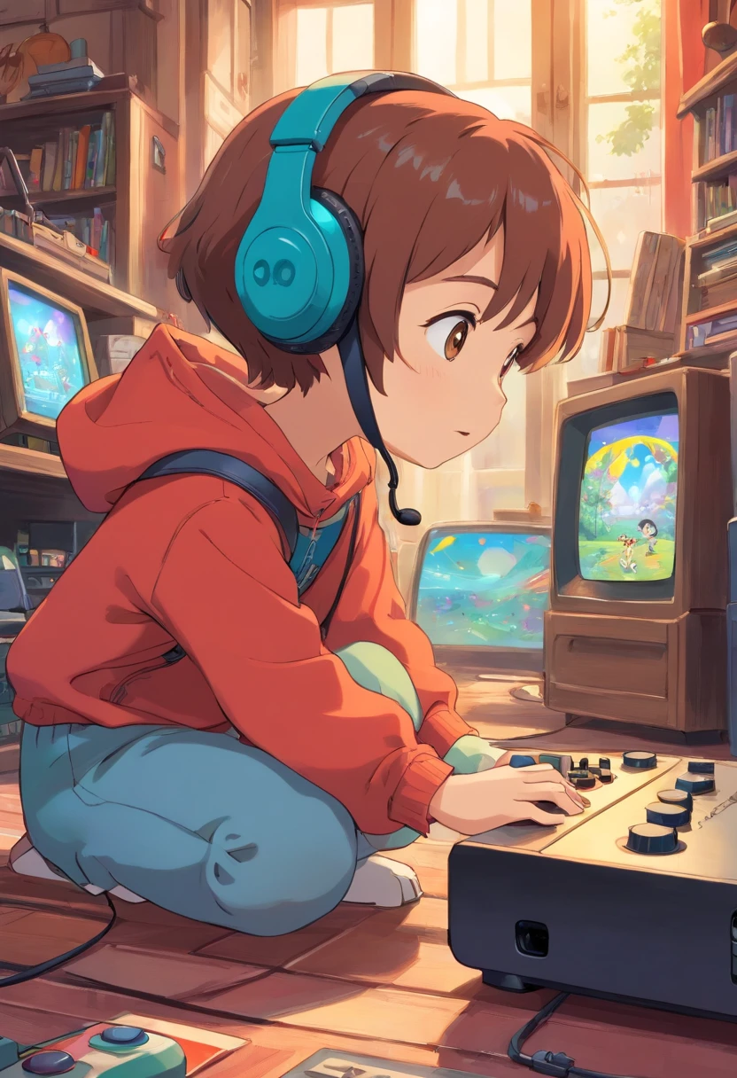 A small child is playing a game with headphones，Game console in hand，Keep your eyes on the console，floating in air，The background is a bright patch of color，Manhwa Style