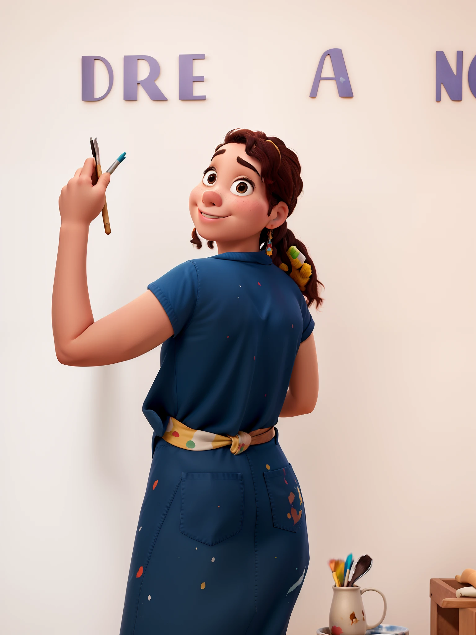 No estilo Disney pixar de melhor qualidade, alta qualidade, A young artist with brush and flare in her hand, Wearing a paint-stained apron standing in her art studio