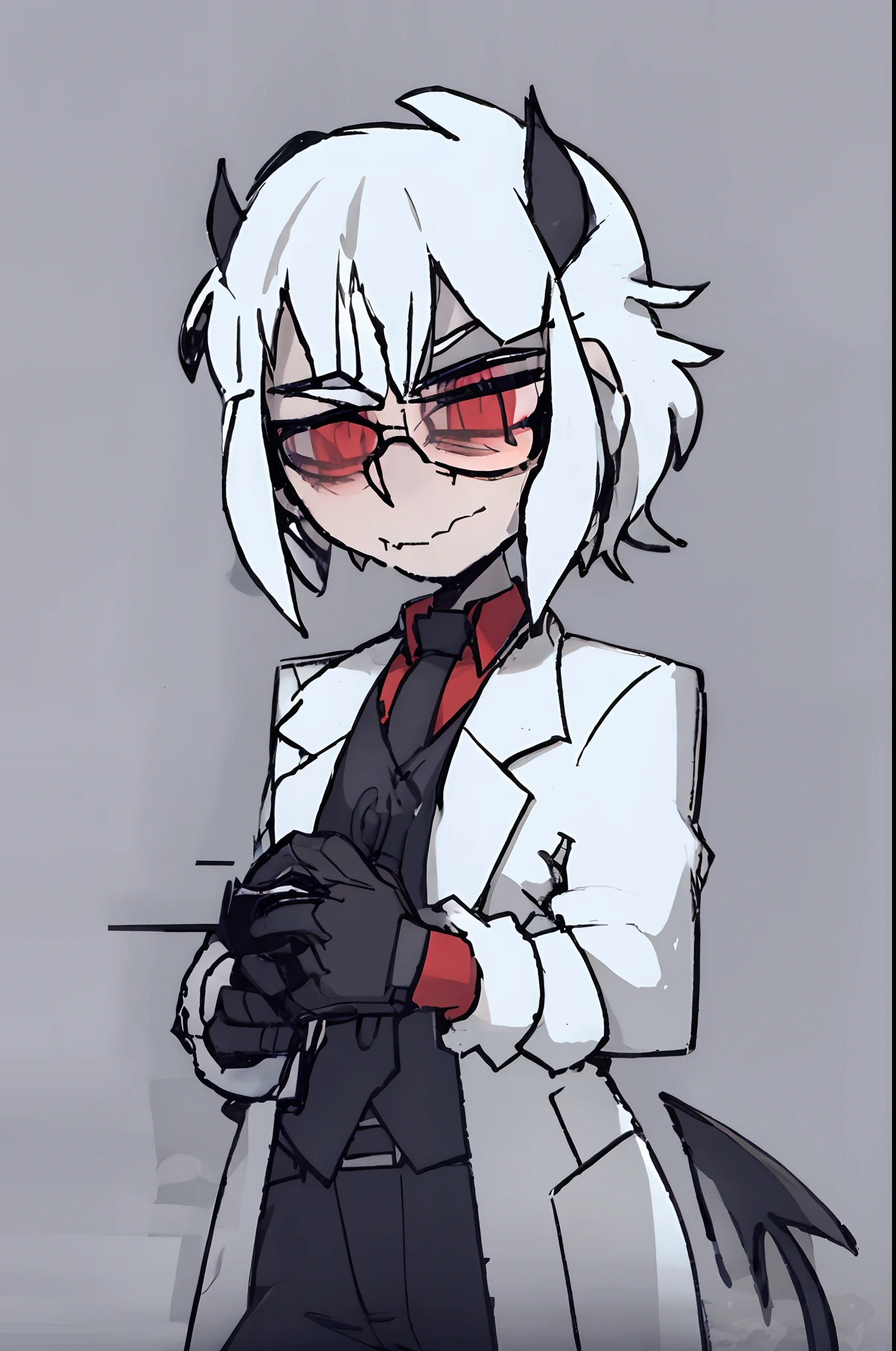 1boy, Skinny, short, Short disheveled gray hair, red glasses, horns demon