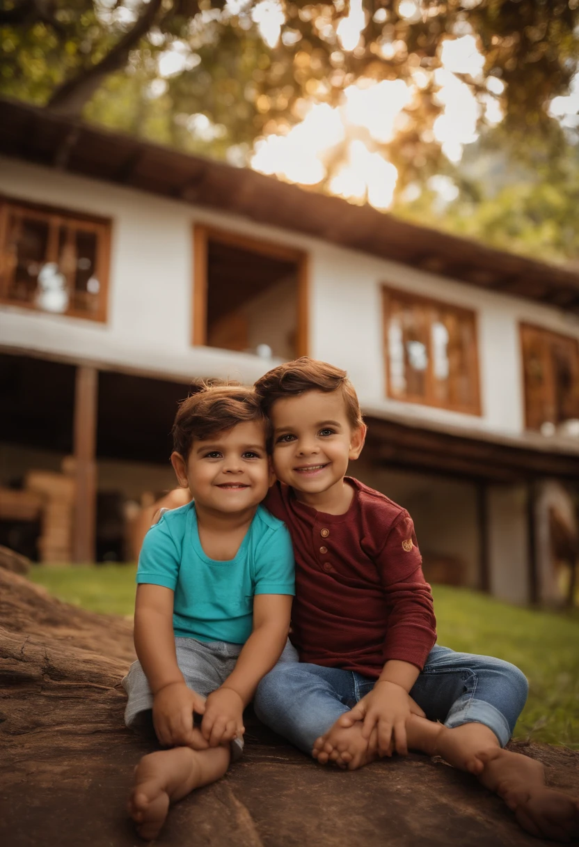 : Miguel, aproximadamente 5 anos de idade, cabelo curto estilo Disney, olhos castanhos e sorrisos. garota: Giovana, 2 anos, longos cabelos pretos e olhos azuis. scenecy: Miguel and Giovana are in a cozy little house in the valley, ao fundo um dia ensolarado, Destacando o Sol.