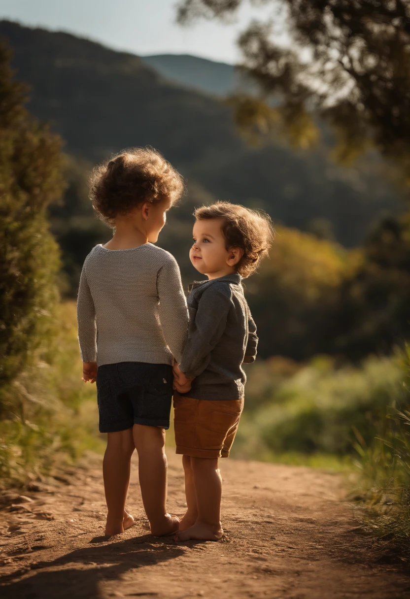 : Miguel, aproximadamente 5 anos de idade, cabelo curto estilo Disney, olhos castanhos e sorrisos. garota: Giovana, 2 anos, longos cabelos pretos e olhos azuis. scenecy: Miguel and Giovana are in a cozy little house in the valley, ao fundo um dia ensolarado, Destacando o Sol.