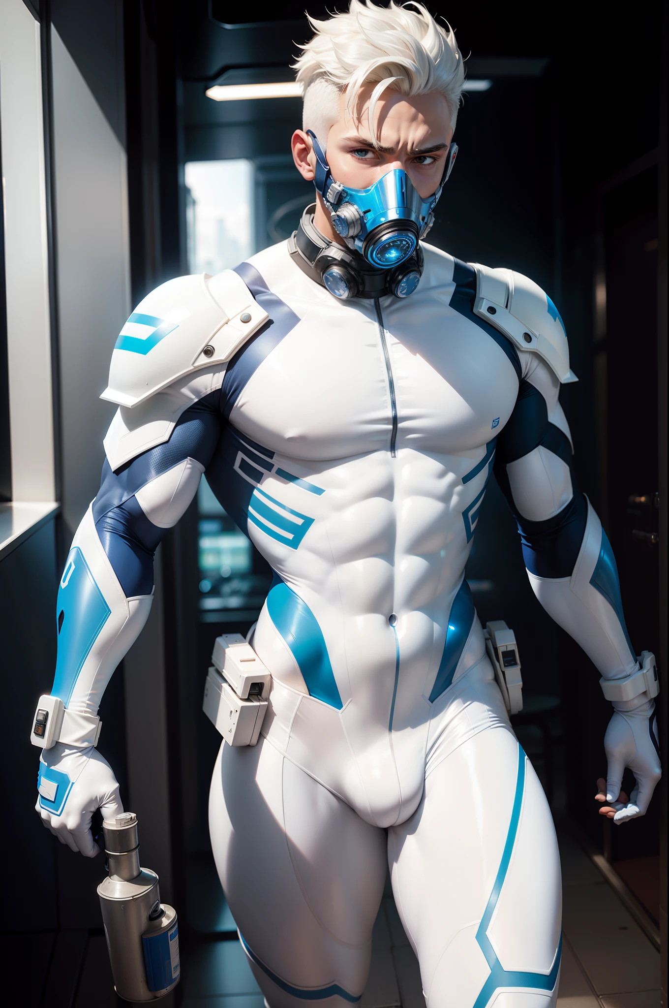 body suit, white and blue suit, futuristic suit, white gloves, skin tight bodysuit, toned male, ager, young male, face mask, bodysuit, futuristic, sci fi, toned male,gas mask, hands visible, hair visible, muscular, , bulges, holding tools, mask covering face, vizor