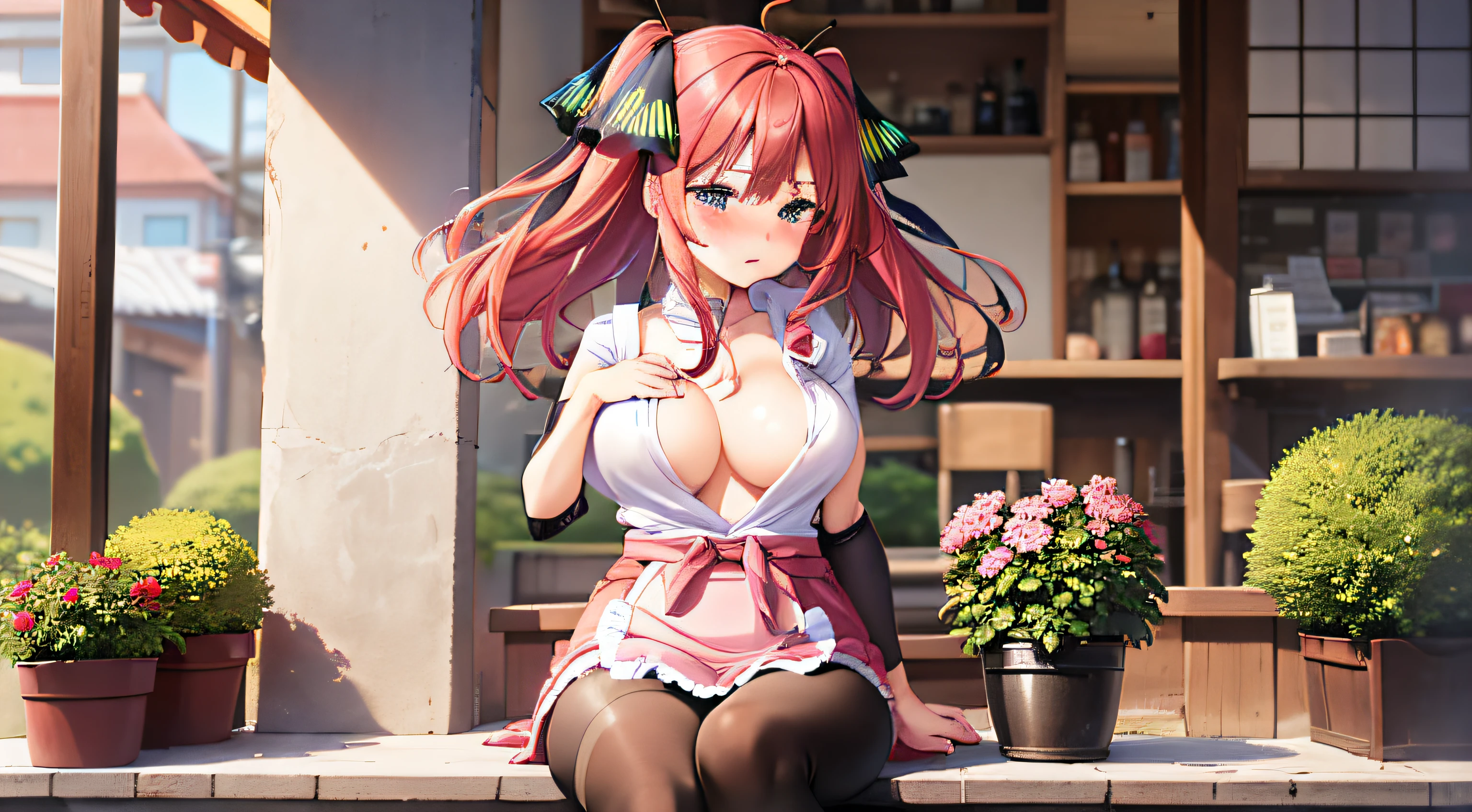 1girl in, 独奏, Nakano Nino, Pink hair, butterfly hair ornament, (barechested:1.3), (White apron),, cleavage of the breast, thighs thighs thighs thighs, Cafe background, (red blush:1.3), opening legs, pantyhose, high heels,