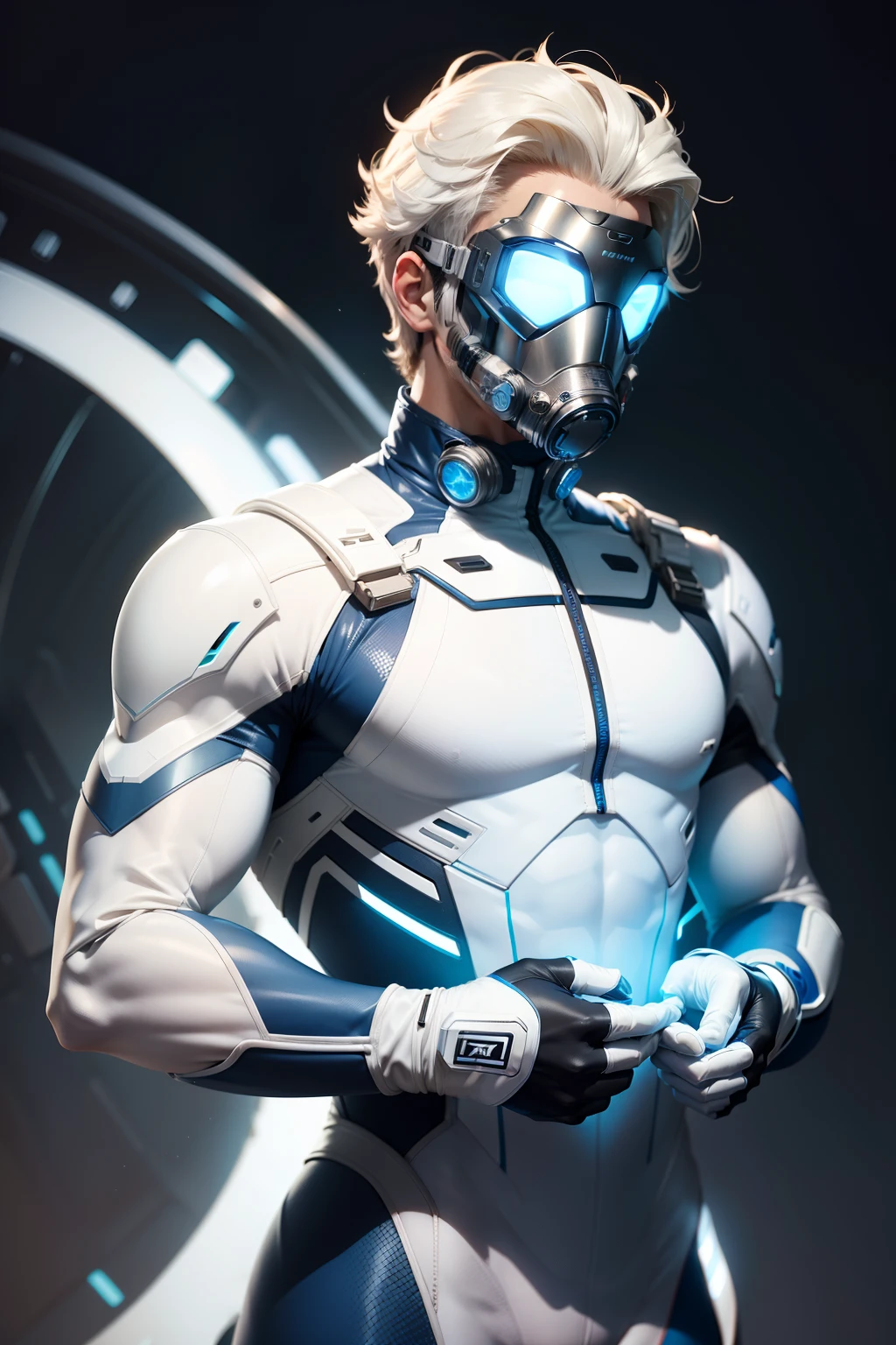 body suit, white and blue suit, futuristic suit, white gloves, skin tight bodysuit, toned male, ager, young male, face mask, bodysuit, futuristic, sci fi, toned male,gas mask, hands visible, hair visible, muscular, , bulges, holding tools, mask covering face, vizor