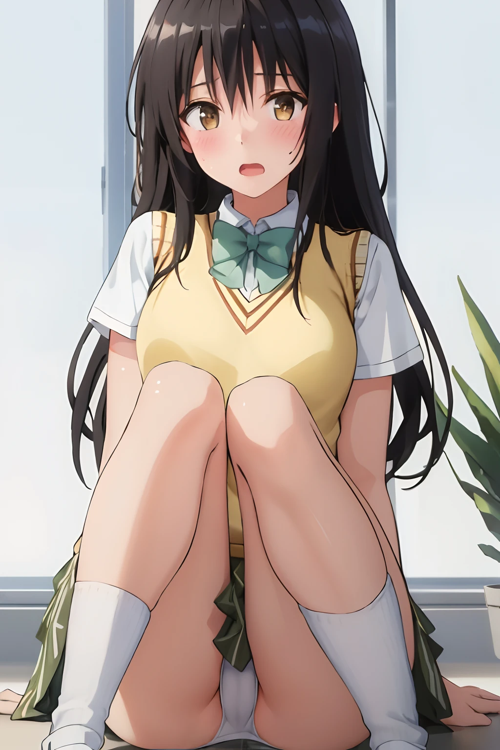 (masterpiece, best quality:1.2),illustration,8k,hd,1girl,solo,upper body,(portrait:1.2),blush, open mouth, shy, black hair, brown eyes, long hair, bangs, hair between eyes, school uniform, bow, breasts, sweater vest, green skirt, socks, knee highs, short sleeves, plaid skirt, pleated skirt, white panties, white bra, from below, ((full body)), ((m legs)), fluttering skirt, sitting, get on your butt