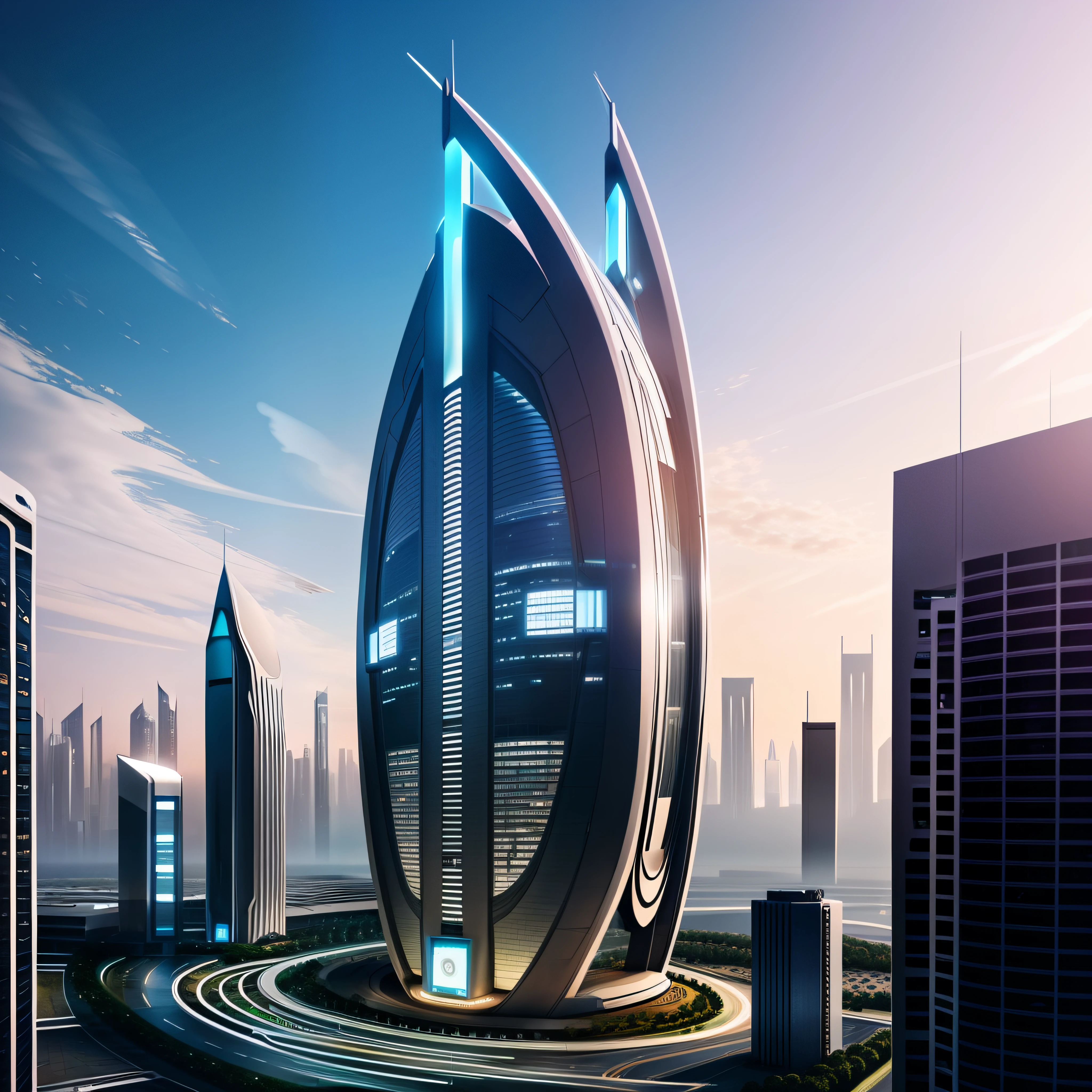 a BIG futuristic building in a stunning big city, science fiction