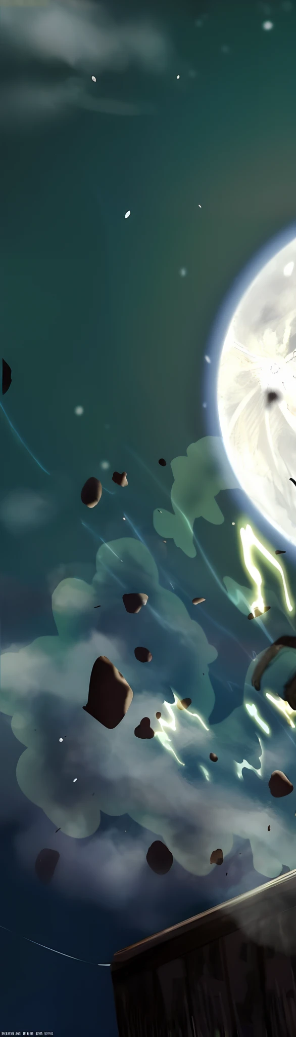 Cena de anime de um navio voador com uma lua gigante ao fundo, Anime lighting, captura de tela do filme anime, animation still screencap, captura de tela de um anime de 2012, Quadro-chave do anime, Anime Bullet VFX, Captura widescreen, Captura de tela do filme de anime, feixe de laser, Anime still image, Captura de tela do anime Guro, feixe de laser ; ao ar livre, anime ainda frame