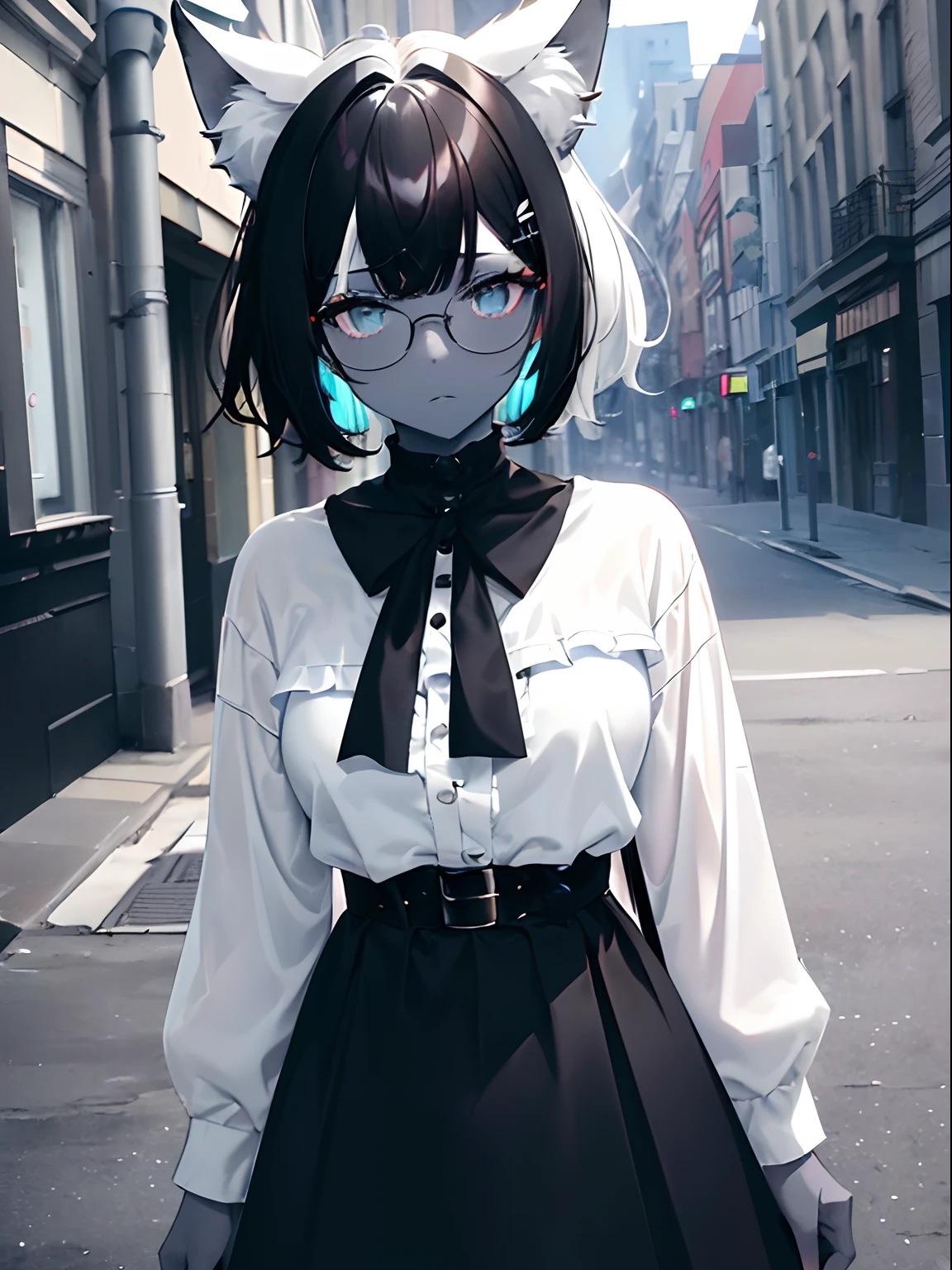 (masterpiece,best quality,ultra-detailed),1girl,black hair,short hair,messy hair,wolf ears,(half color hair,black and white hair,one half white, one half black,two tone hair,)glasses,(((coloured skin,pale blue skin))),white blouse, black skirt,((grey theme)),((pastel colours theme)),in the street