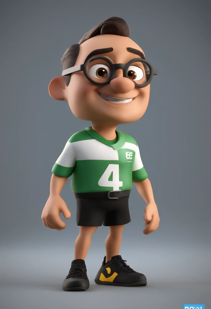 Cartoon character of a man wearing black glasses and a running shirt with the name pace4 green, A pair of shorts and running shoes, um personagem animado, Caractere estilizado, animation style rendering, 3D estilizado, Arnold Maya render, 3 d render stylized, toon render keyshot, Personagem 3D, Personagem 3D, 3d rendering stylized, 3 d character render, personagem de desenho animado, Personagem de close up, Pose de personagem, (Estilo Pixar) (master part:1.2) (Bokeh) (best quality) (pele detalhada) (textura detalhada) (8k) (argila) (Cinematic lighting) (foco nítido，Senta e vaza a parte superior do corpo