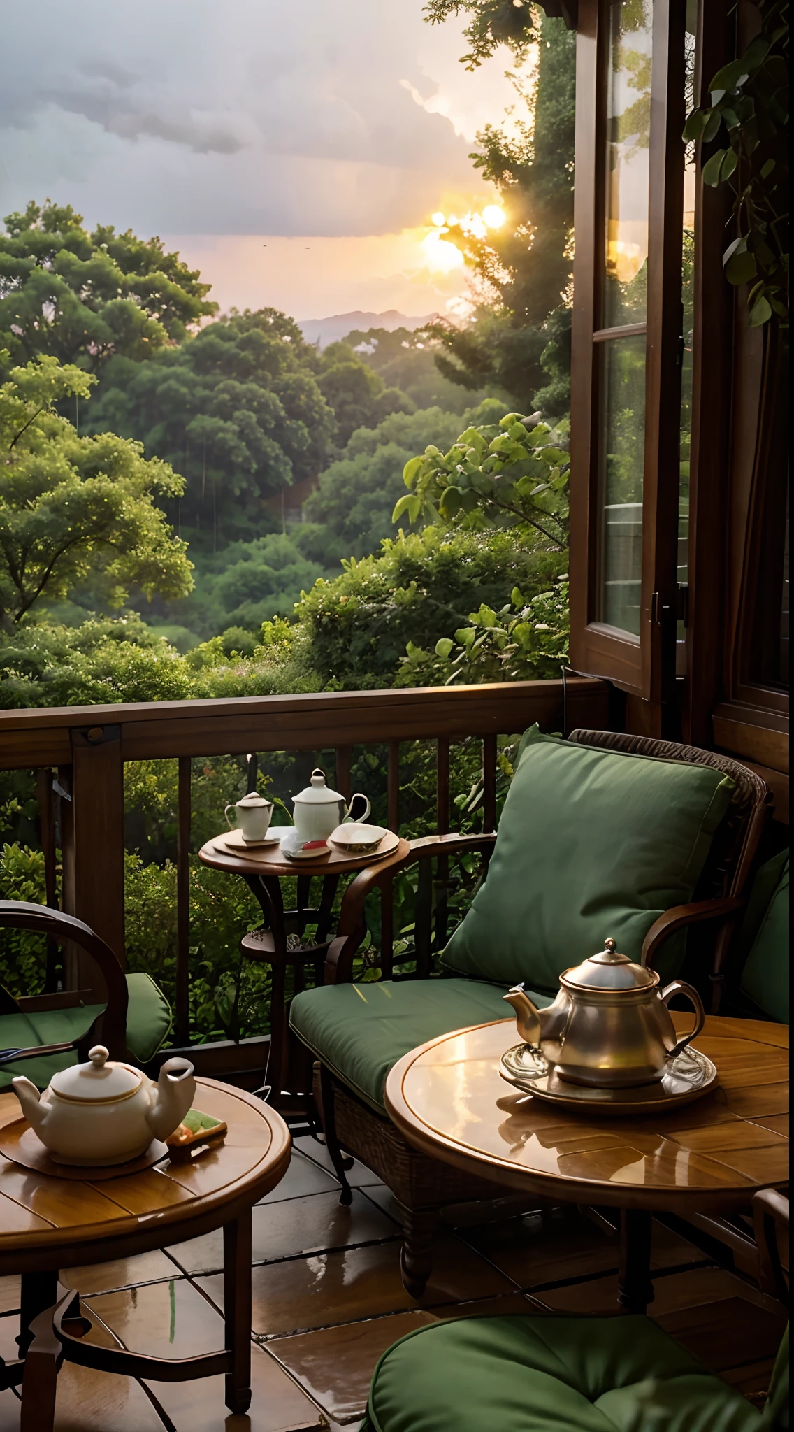 A comfort chair in a terrace of house with a table of a tea pot and biscuits on plate, a view of greenery forest in a rain, retro sunset