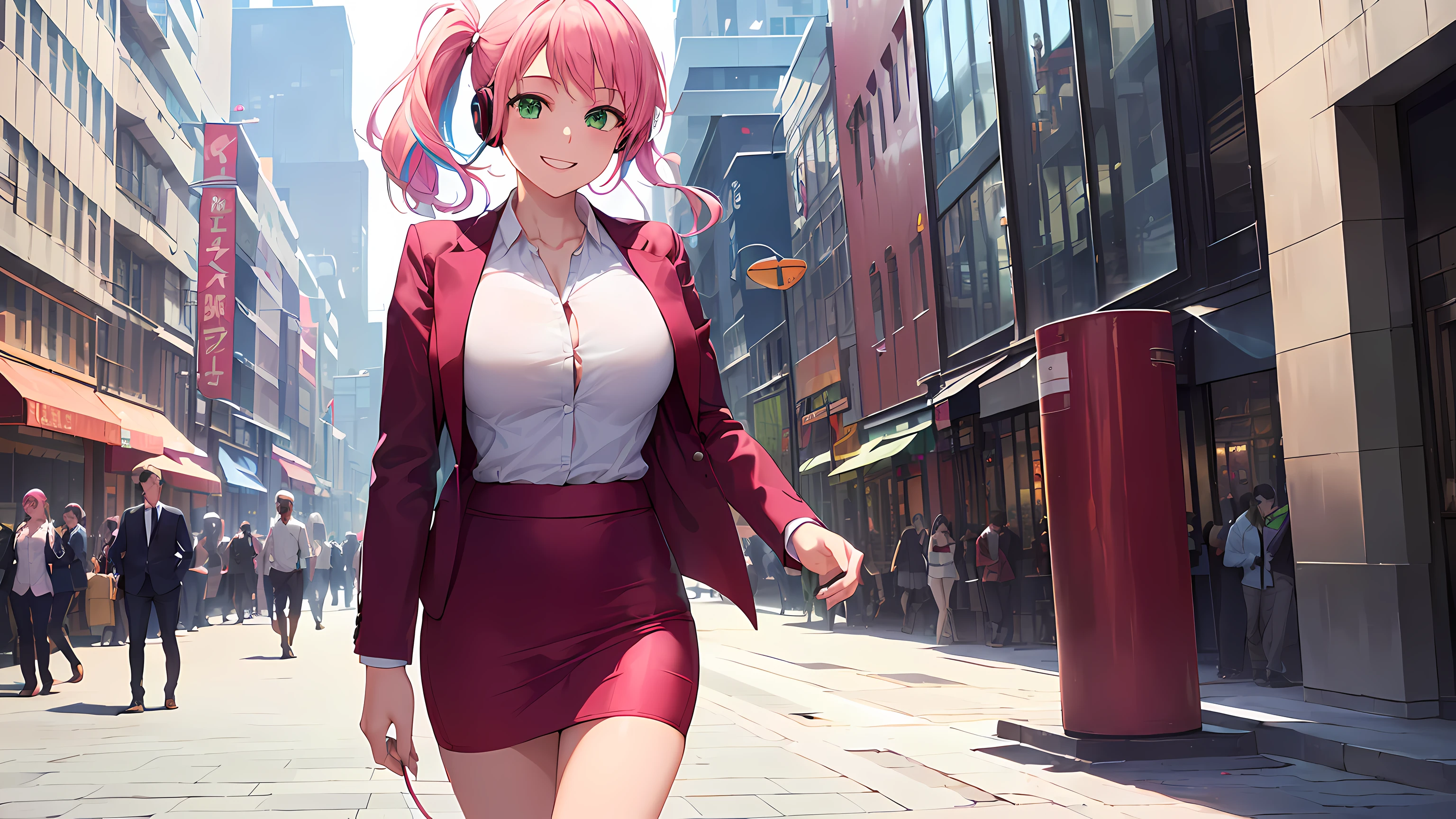 ​masterpiece, 1girl ((20year old, dressed in a tight red business suit, business suit jacket, tight white shirt, tight knee length business skirt, high heels, medium breasts, multicolor pink hair, twin ponytails, perfect model body, green eyes:1.5, flirting, happy, big smile, wearing headphones, looking at viewer, walking down a busy city street:1.2, with tall buildings in the background:1.3, professional and casual atmosphere:1.2)) ((solo:1.6))