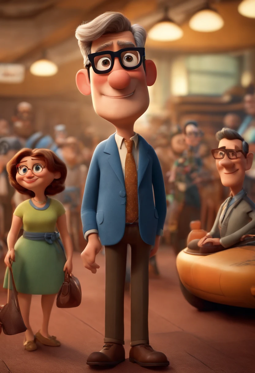 Imagem de um senhor de 50 anos , com oculos e boina no estilo pixar, alegre , extrovertido