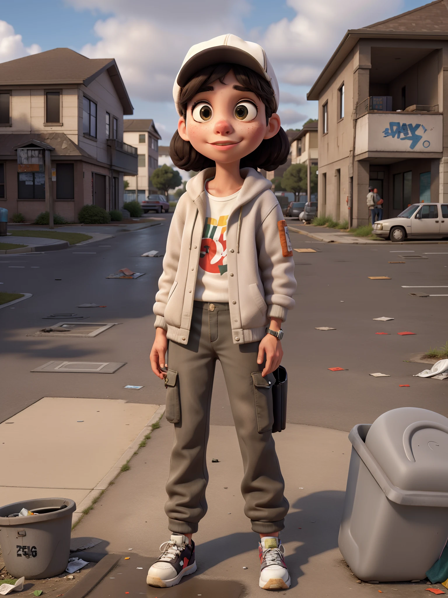masterpiece, best quality, 1girl, walking on sidewalk, hip hop woman, baggy pants, retro, suburban, suburbia, 1990s, white beanie, outdoor, laid-back, puddles, drain, rebellious, bedraggled, ((graffiti)), ((trash)), dirt lying around, leaves, ((broken concrete)), city, symmetric eyes, hands in pockets, clouds, overcast, detailed face,