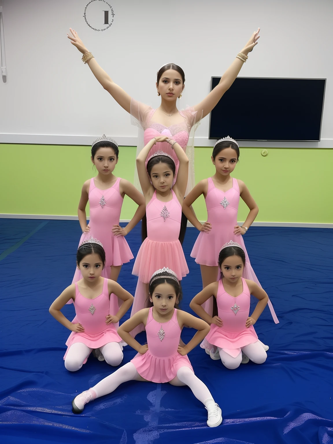 There is a group of girls in pink dresses posing for a photo, posando em leotard e tiara, Directed by: Teresa Fasolino, by Amelia Peláez, Lorena Avarez, Viktoria Gavrilenko, 1614572159, by Gina Pellón, Directed by: Veronica Ruiz de Velasco