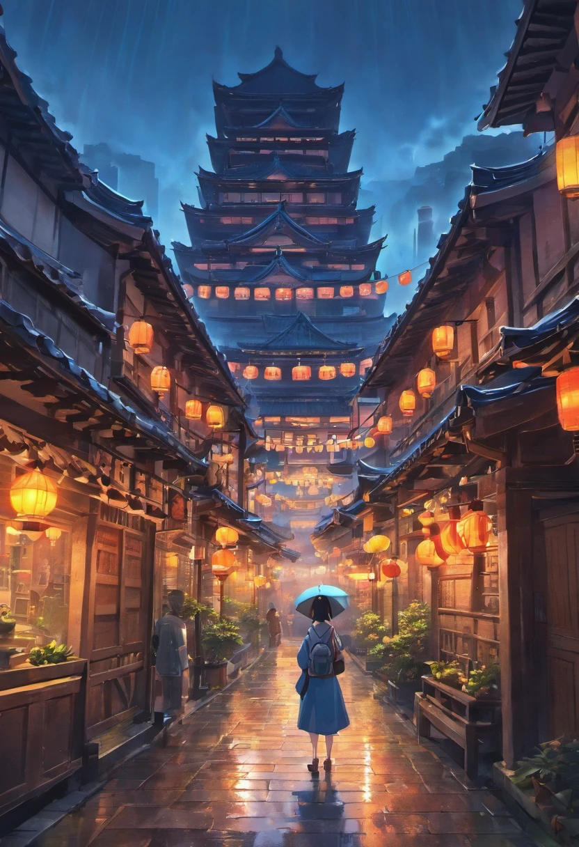 Ararfed view of a village with a lot of lights on the buildings, Cidade chinesa sonhadora, Vila Chinesa, paper awesome wallpaper, Cidade japonesa, Vila Japonesa, foto hiper realista de uma cidade, old asian village, Cidade japonesa, Directed by: Raymond Han, noite chuvosa, Cyberpunk Chinese Ancient Castle, beautifully lit buildings, at evening during rain, Beautiful and Aesthetic, fotografia, cinemactic, 8k, alto detalhamento ((chuva forte)))