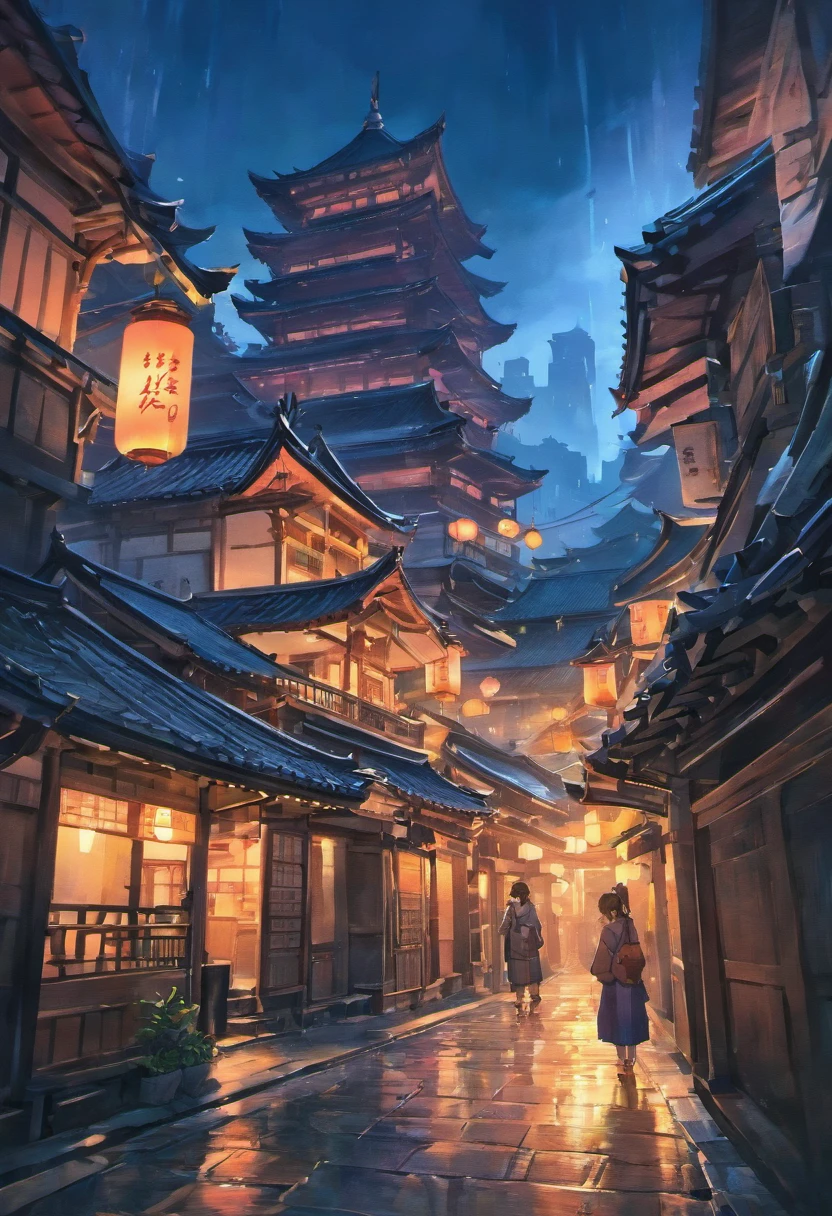 Ararfed view of a village with a lot of lights on the buildings, Cidade chinesa sonhadora, Vila Chinesa, paper awesome wallpaper, Cidade japonesa, Vila Japonesa, foto hiper realista de uma cidade, old asian village, Cidade japonesa, Directed by: Raymond Han, noite chuvosa, Cyberpunk Chinese Ancient Castle, beautifully lit buildings, at evening during rain, Beautiful and Aesthetic, fotografia, cinemactic, 8k, alto detalhamento ((chuva forte)))