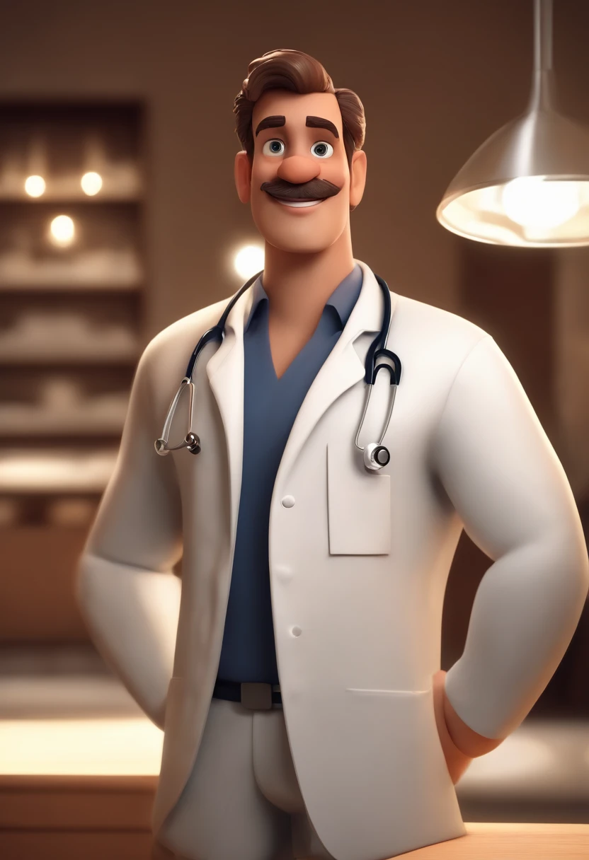 Cartoon character of a man wearing a doctor's lab coat, sorrindo, olhos pequenos e castanhos, cabelo curtinho quase raspado e grisalho, um personagem animado, Caractere estilizado, animation style rendering, 3D estilizado, Arnold Maya render, 3 d render stylized, toon render keyshot, Personagem 3D, Personagem 3D, 3d rendering stylized, 3 d character render, personagem de desenho animado, Personagem de close up, Pose de personagem, (Estilo Pixar) (master part:1.2) (Bokeh) (melhor qualidade) (pele detalhada) (textura detalhada) (8k) (argila) (Cinematic lighting) (foco nítido,Senta e vaza a parte superior do corpo