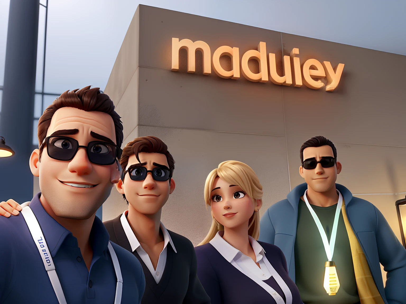 Four partners in one company, sendo 3 homens e uma mulher, illuminated by the light of a lamp, contra o pano de fundo de uma parede escrito XIS DESIGN