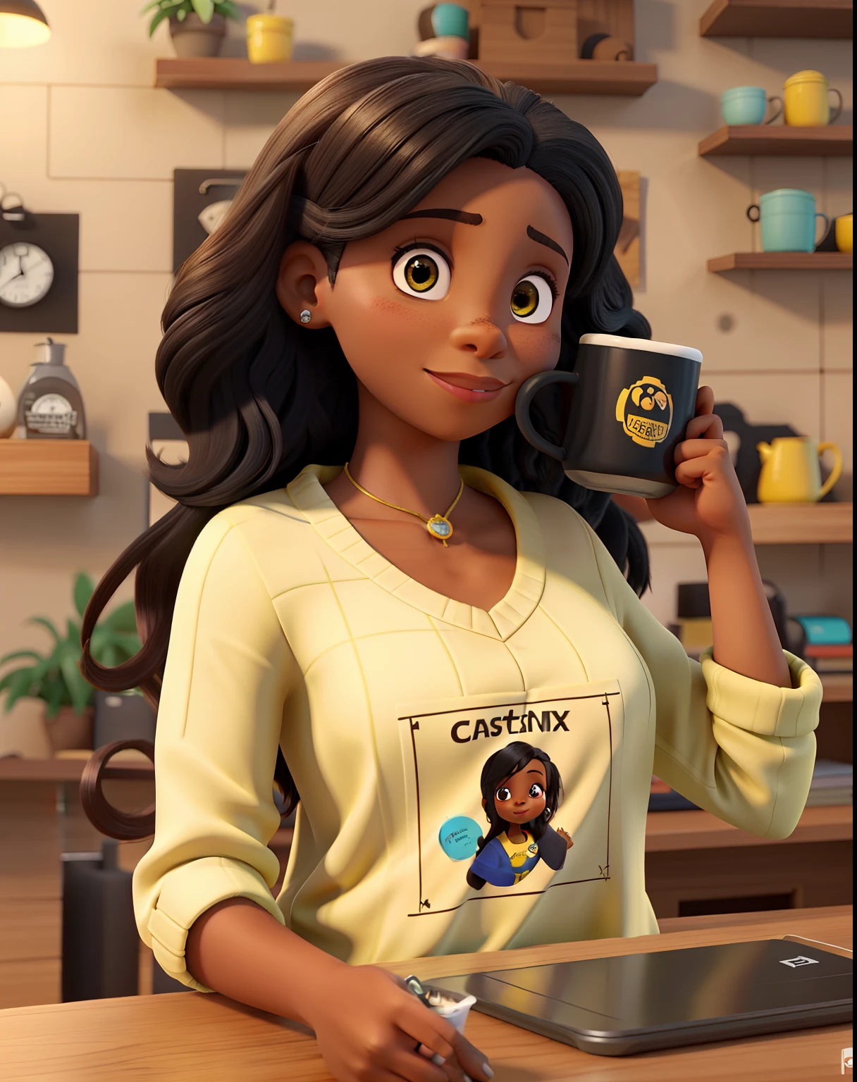 Uma mulher negra gordinha, de cabelo preso castanho,  Holding in your hand yellow mug, plano de fundo prateleiras com canecas