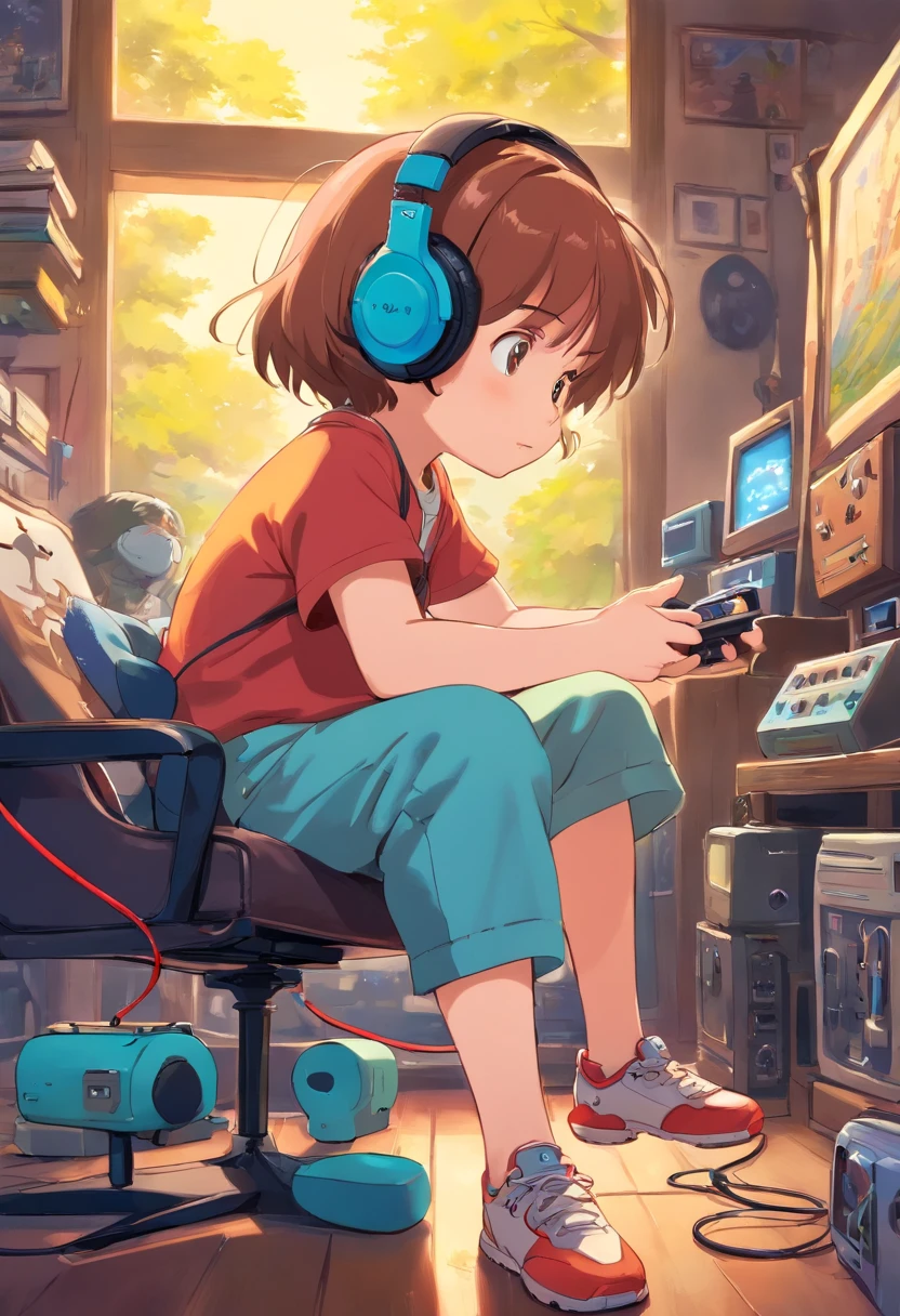 A small child is playing a game with headphones，Game console in hand，Keep your eyes on the console，floating in air，The background is a bright patch of color，Manhwa Style