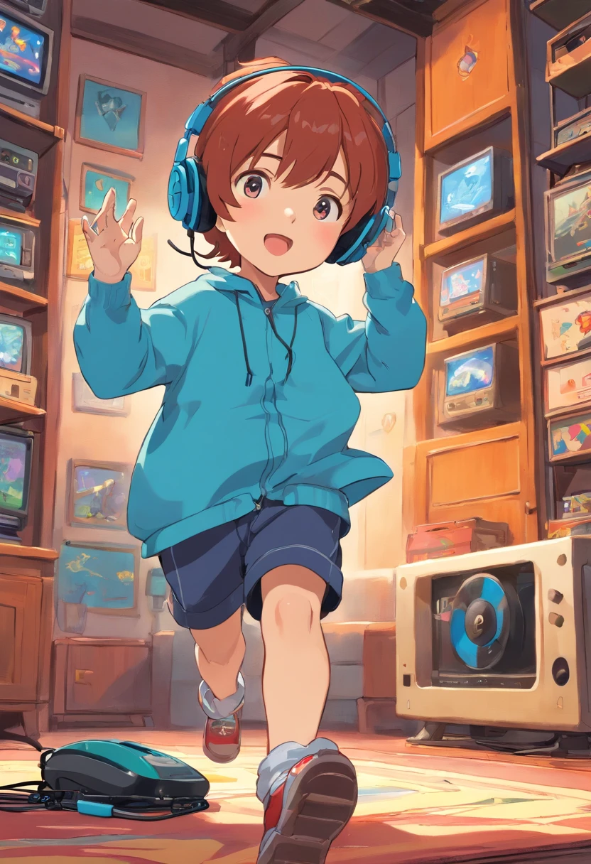 A is playing a game with headphones,Game console in hand,Keep your eyes on the console,floating in air,The background is a bright patch of color,Manhwa Style