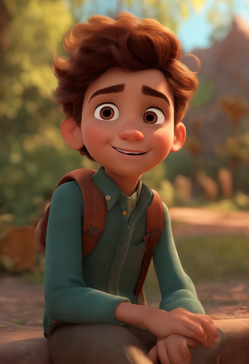 Image of a boy for a story in a YouTube video in Pixar format, He's the allabester, He's the class leader, He's outgoing, Playful and gets up for a lot of things, cabelo curto