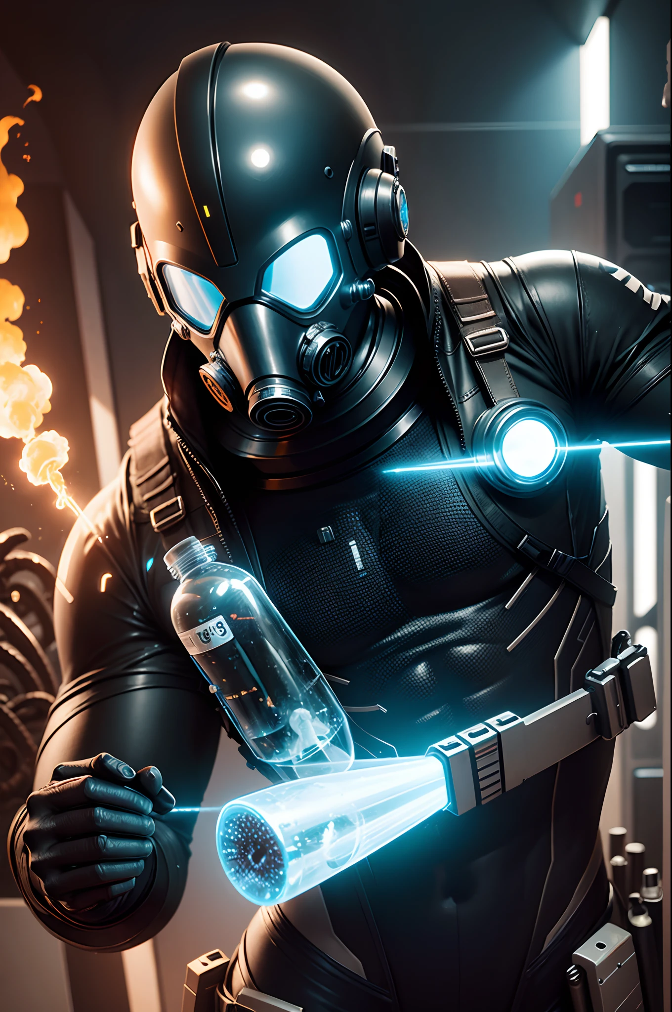 (futuristic, sci fi)Male in biochemical body suit, hands visible, gas mask, masterpiece, holding gas weapon