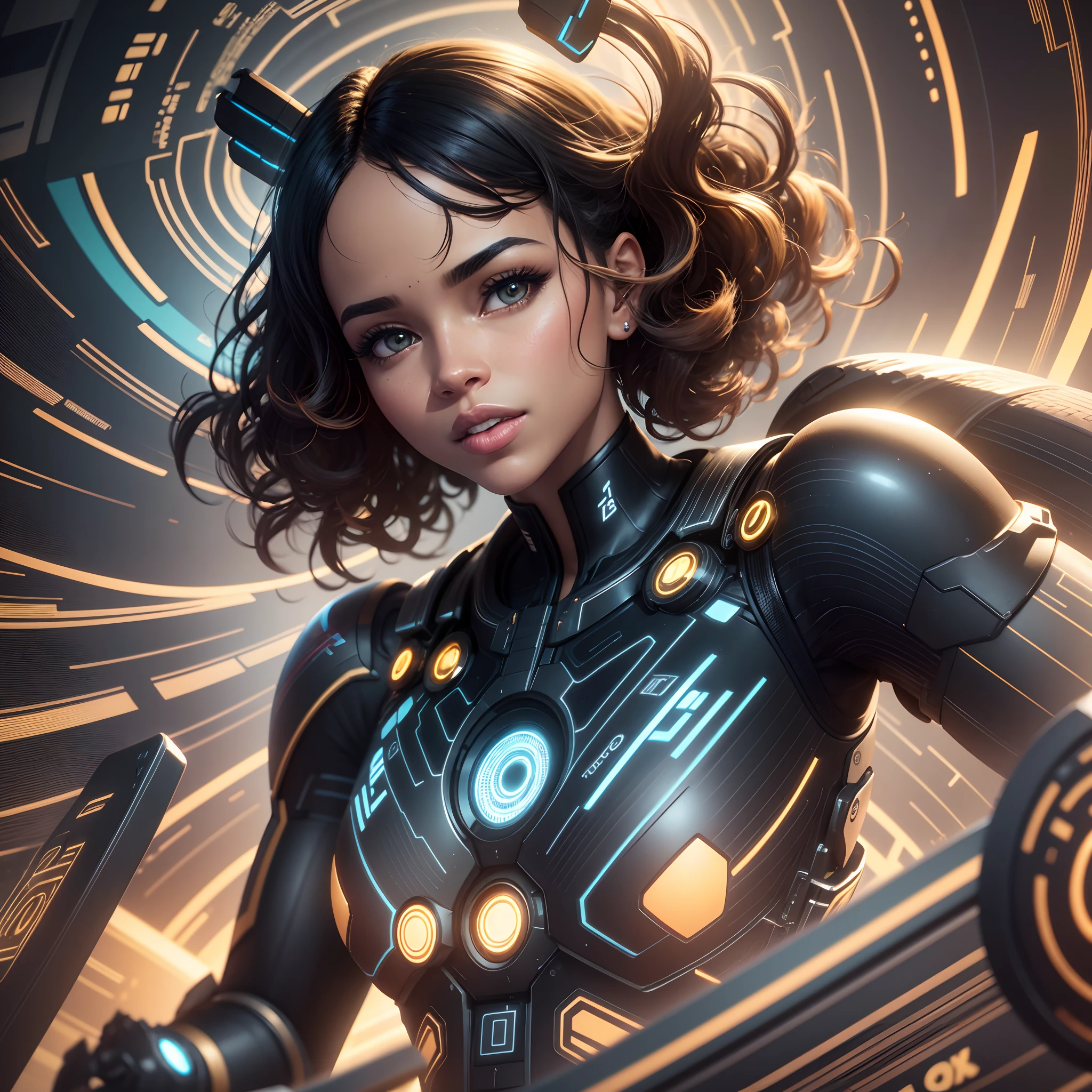 Electronic waves  in shape of a black woman floating inside a computer system, interior of a computer system with waves in shape of a woman, chips and digital codes floating around her, with bright and vibrant golden sparkling light,  with beautiful iridescent light, artgerm style, 32k, ultra HD, unreal engine rendered, hyper-realistic image, octane 3d rendering --auto --s2