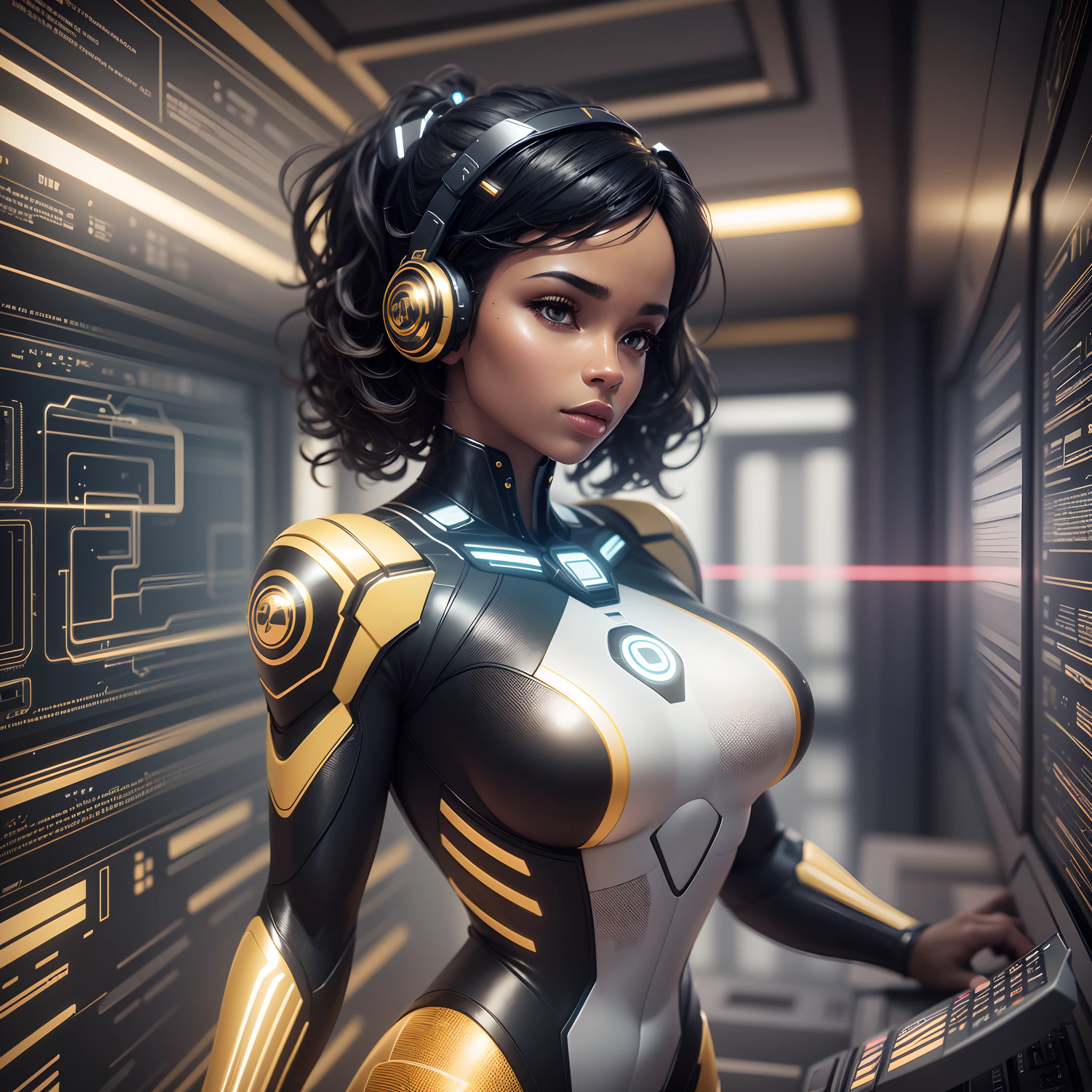 Electronic waves in shape of a black woman floating inside a computer system, interior of a computer system with waves in shape of a woman, chips and digital codes floating around her, with bright and vibrant golden sparkling light, with beautiful iridescent light, artgerm style, 32k, ultra HD, unreal engine rendered, hyper-realistic image, octane 3d rendering --auto --s2
