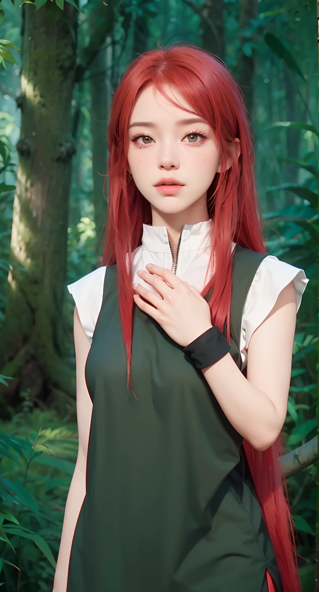 Real life adaption of this character, beauty face,looking to viewer,realistic same red hair ,realistic jungle with many grass background, hyper realistic, realistic light, realistic shadow, realism,(photorealistic:1.2), (realistic same outfit ),big breast