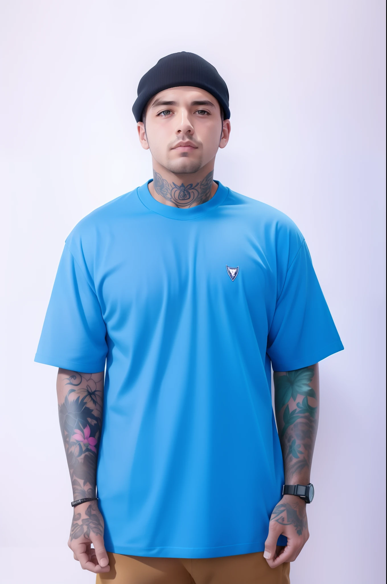 Homem com tatuagens e uma camisa azul posando para uma foto, tshirt azul apertada, Retrato no meio da foto, camisa azul, Foto completa do produto, simple uniform sky, vestindo uma camisa azul clara, mid portrait, azul-claro, rosto azul turquesa, foto oficial do produto, Mrbeast, com um fundo azul, cor azul neon, foto detalhada do produto, cor azul
