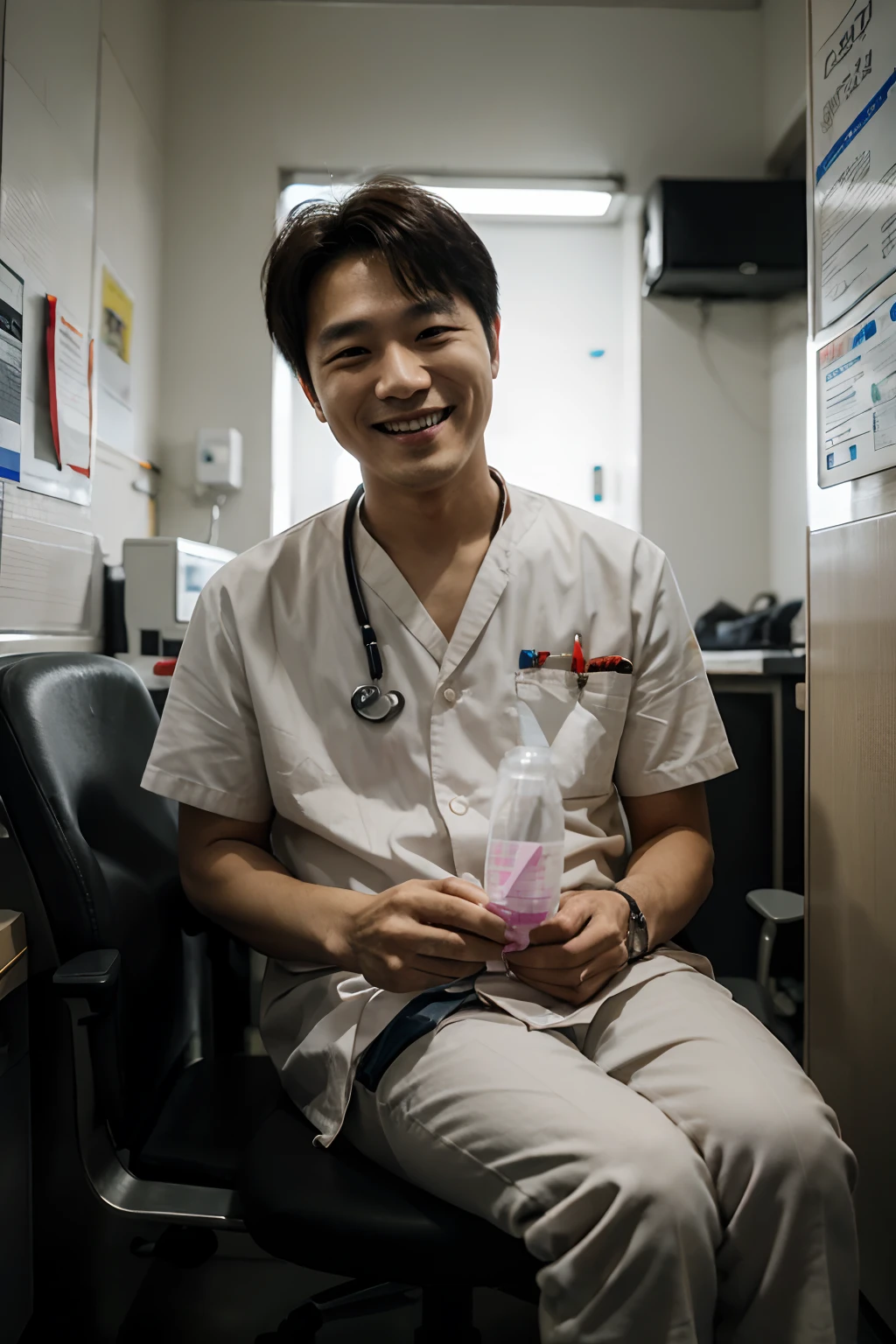 A Korean male middle-aged doctor smiling like a madman sitting in a clinic holding a drug syringe in his hand on a dark night