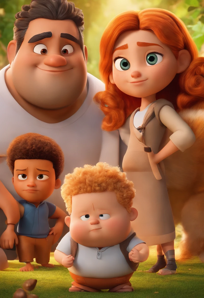 a Disney Pixar movie poster showing a white-skinned family. The father is the tallest, Tem barba escura, cabelo preto, cabelos curtos e espinhosos. The mother has brown eyes and hair, shoulder-length and is slightly overweight. Um tem 6 anos e cabelos castanhos claros, roupa com estampa de naruto. Um menino1 anos, cabelos pretos, overweight and wears glasses. Um menino de 10de cabelos pretos, usando roupa de futebol. The background is a Christmas-style garden. 3D-rendering