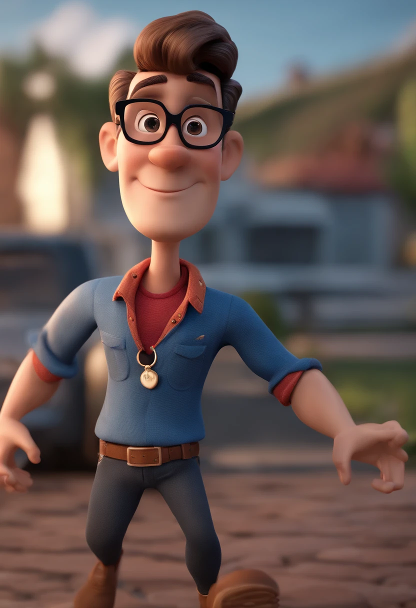 Cartoon character of a man with black glasses and a blue shirt, animation character, Caractere estilizado, animation style rendering, 3D estilizado, Arnold Maya render, 3 d render stylized, toon render keyshot, Personagem 3D, Personagem 3D, 3d rendering stylized, 3 d character render, personagem de desenho animado, Personagem de close up, Pose de personagem, (Estilo Pixar) (master part:1.2) (Bokeh) (best quality) (pele detalhada) (textura detalhada) (8k) (argila) (Cinematic lighting) (foco nítido