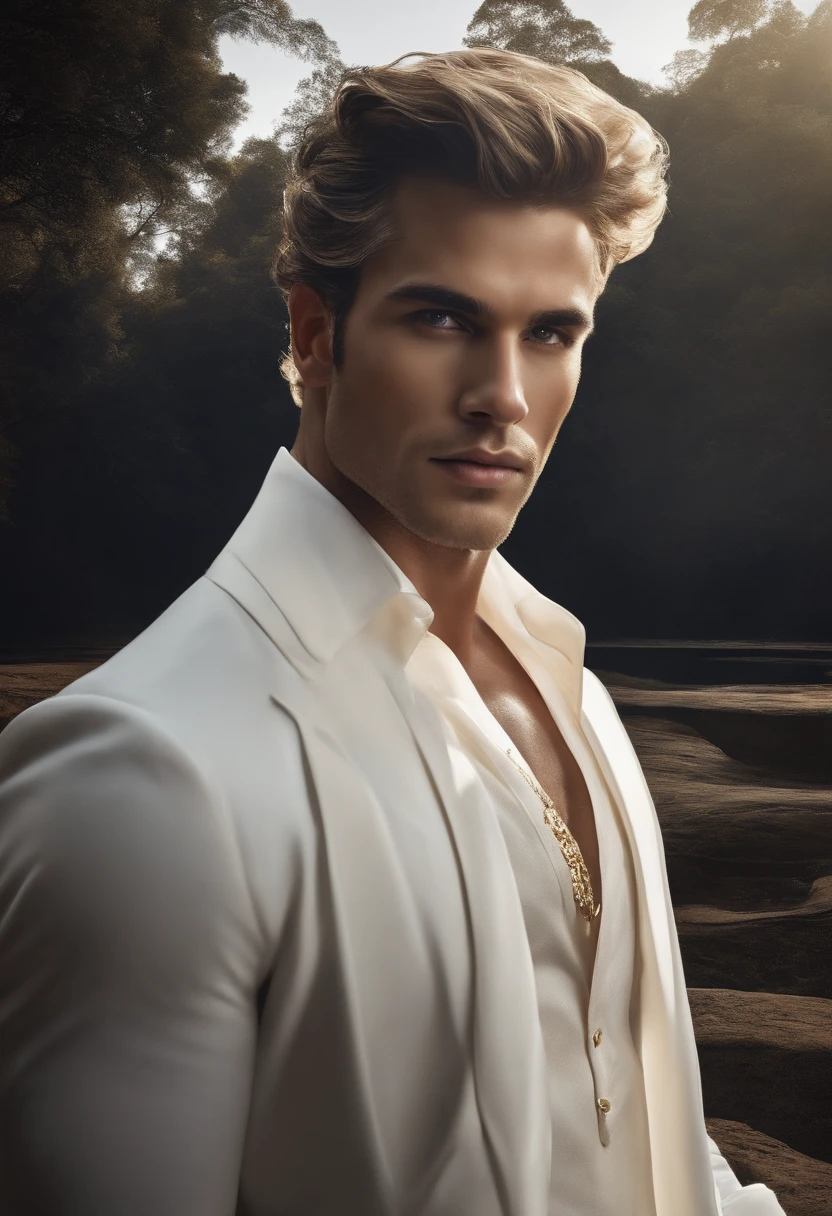 Um homem lindo branco, olhos castanhos claros, cabelo preto liso, 1,80 de altura, com terno preto,