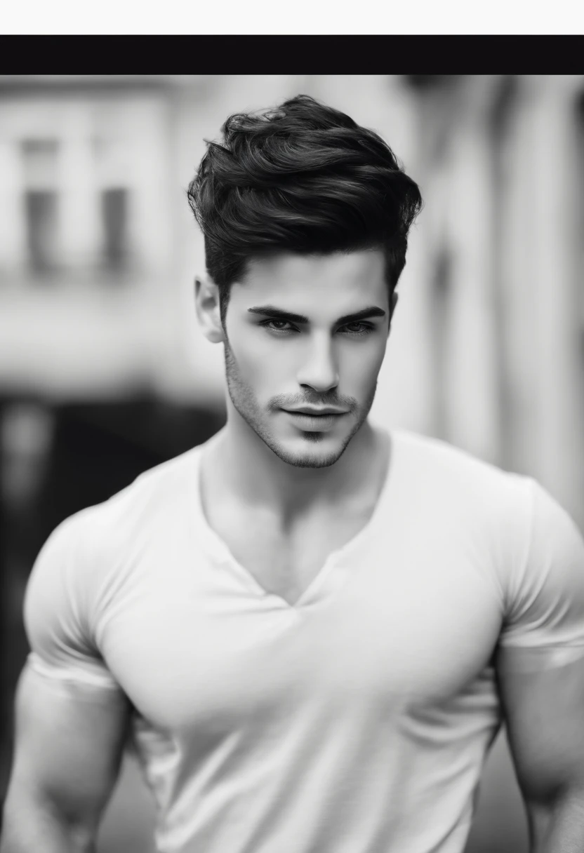 Um homem lindo branco, olhos castanhos claros, cabelo preto liso, 1,80 de altura, com terno preto,