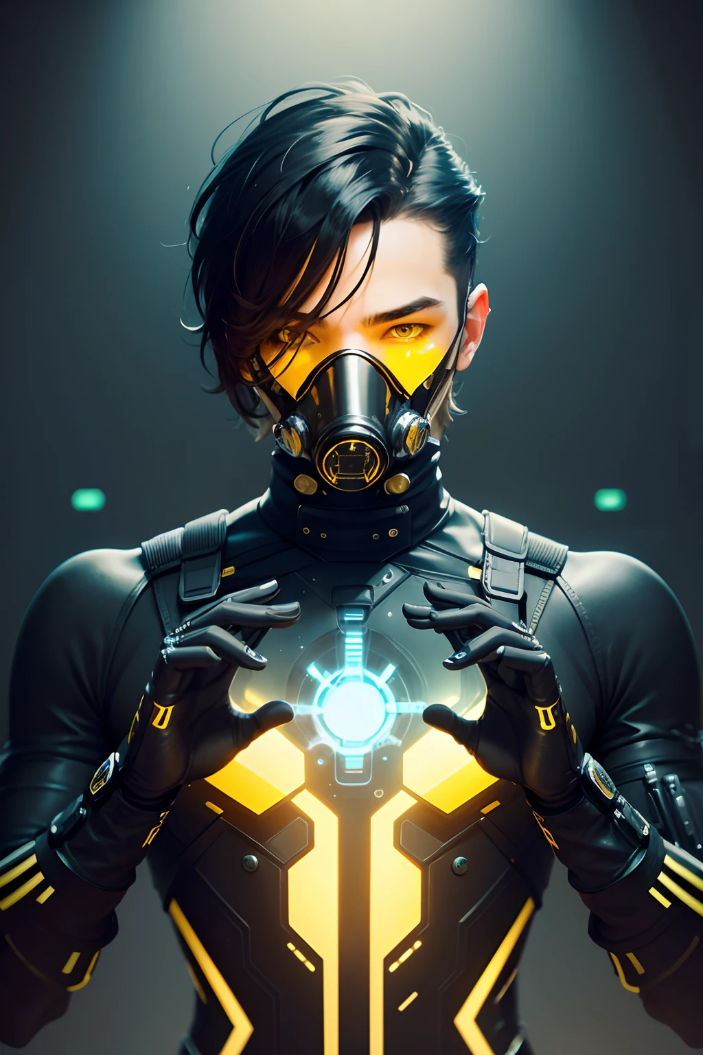 (futuristic, sci fi)Male in black and gold biochemical body suit, hands visible, gas mask, masterpiece, hands laced