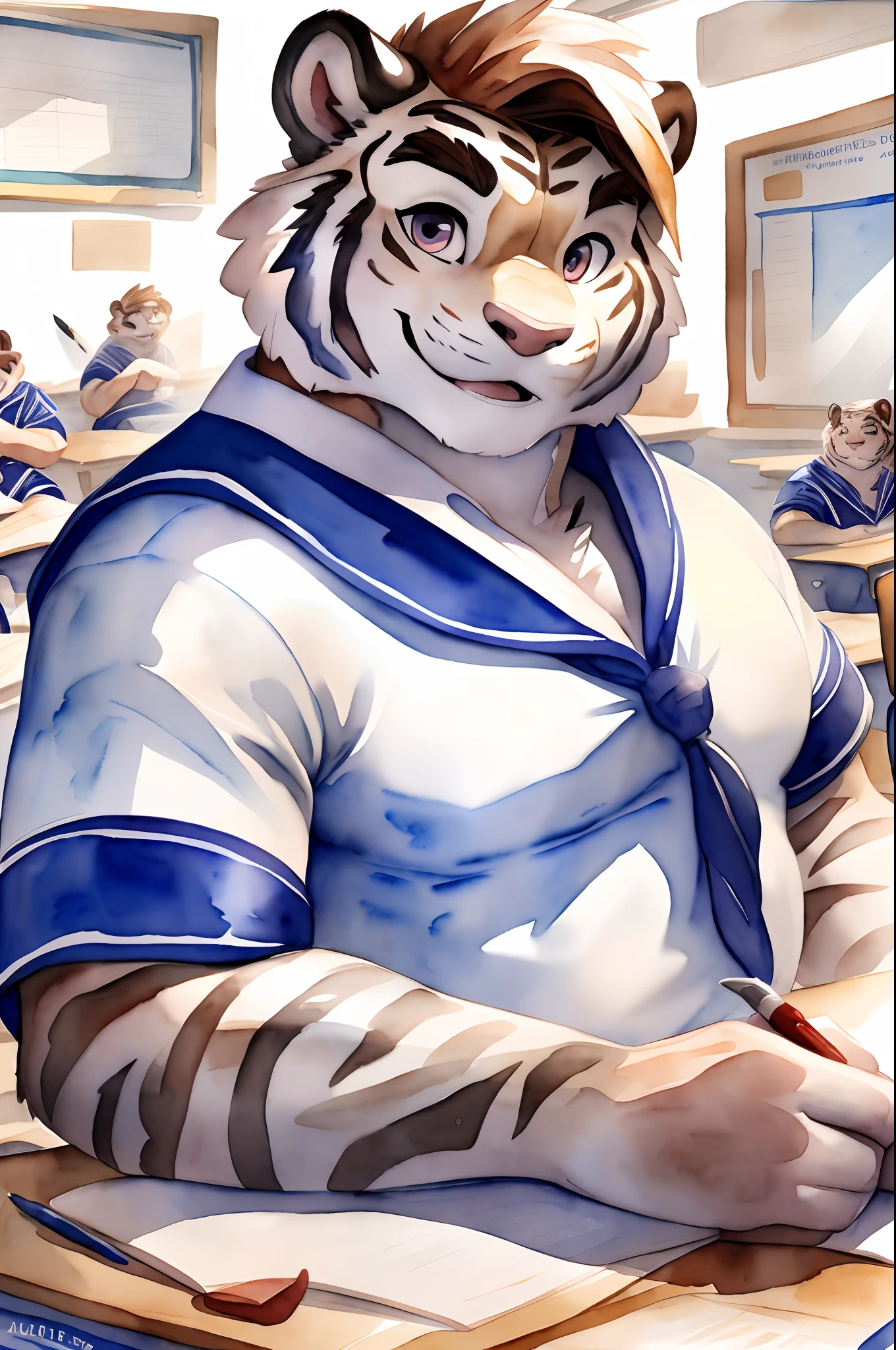 Hominidae, Pose for Camera. 4K, high resolution, Best quality, posted on e621, (Solo:1.2), Anthropomorphic white tiger, male people, 16 yaers old, Thick eyebrows, Light blue stripes, Strong body, large pecs, ((White school uniform)), In class, holding a pen, Sit behind a desk, (sport, Muscular, Heavyweight:1.2), ((In the classroom)), solo, Correct anatomy, (White background, Watercolor background:1.1), (by Chunie, author：Taran Fidler:0.8), (Detailed eyes:1.2), Sexy, (cel-shaded:1.2), cartoon shading, (aquarelle:1.2), Smile, Be red in the face, (view the viewer:1.2), Bright eyes, Front view